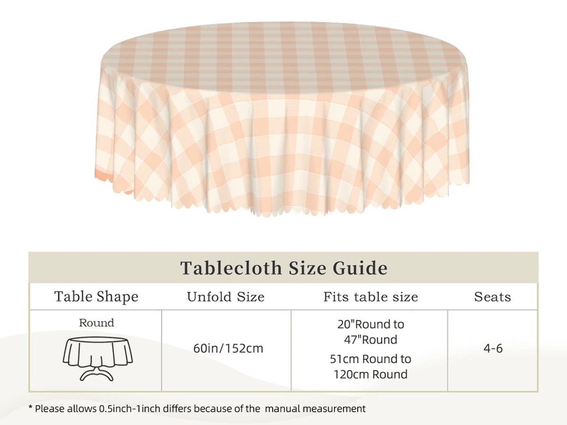 Plaid Tablecloth Peach Pink Scalloped Edge Lace Details For Spring Spill-Proof Summer Washable Fabric Table Cloth For Family Dinner Occasion