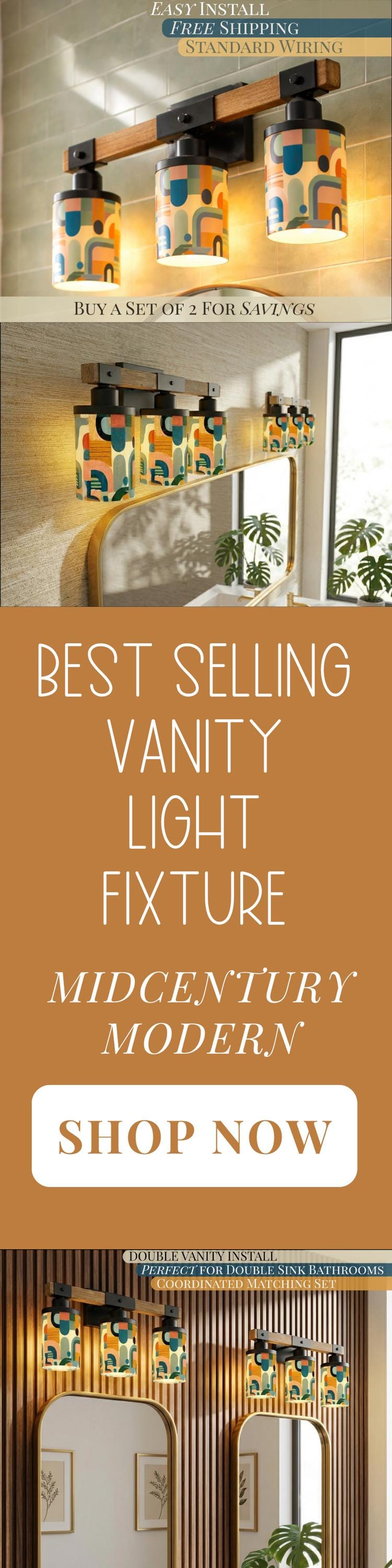 Luxury Bathroom Lighting MCM Vanity Light Fixture 3-Light Decorative Metal and Glass Restroom Light Midcentury Modern Orange Over Sink Decor