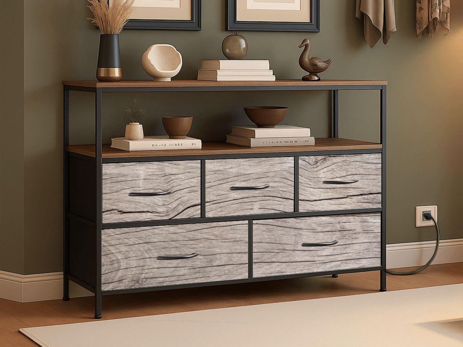 TV Stand With Drawers Driftwood Coastal Effect Decorative Fabric Drawers Bedroom Chest of Drawers Beach Theme Modern Plug & Charging Station
