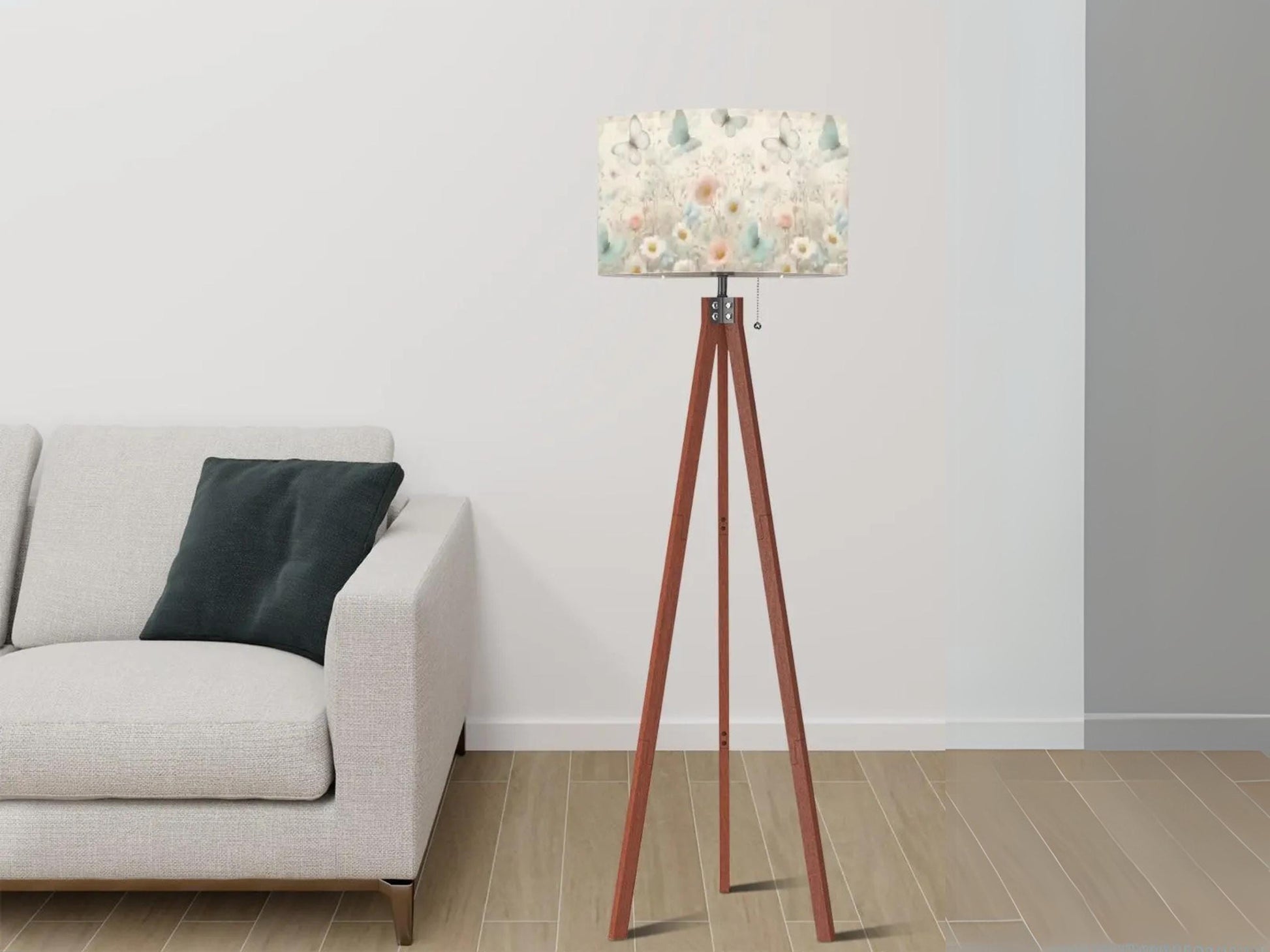 Floor Lamp Wood Tripod Tall Lamp Solid Wood Round Linen Shade Mid Century Floral Tall Lamp Housewarming Gift Living Room Lighting Decor Lamp