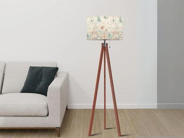 Floor Lamp Wood Tripod Tall Lamp Solid Wood Round Linen Shade Mid Century Floral Tall Lamp Housewarming Gift Living Room Lighting Decor Lamp