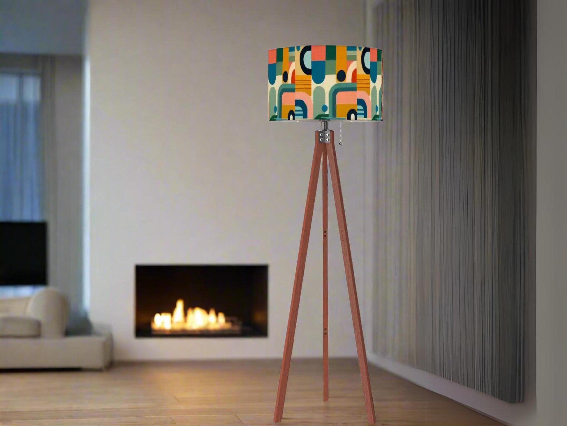 Mid Century Modern Tripod Floor Lamp Wood Base Housewarming Gift Living Room Lighting Decor Abstract Shape Orange Floor Lamp Gifting Idea