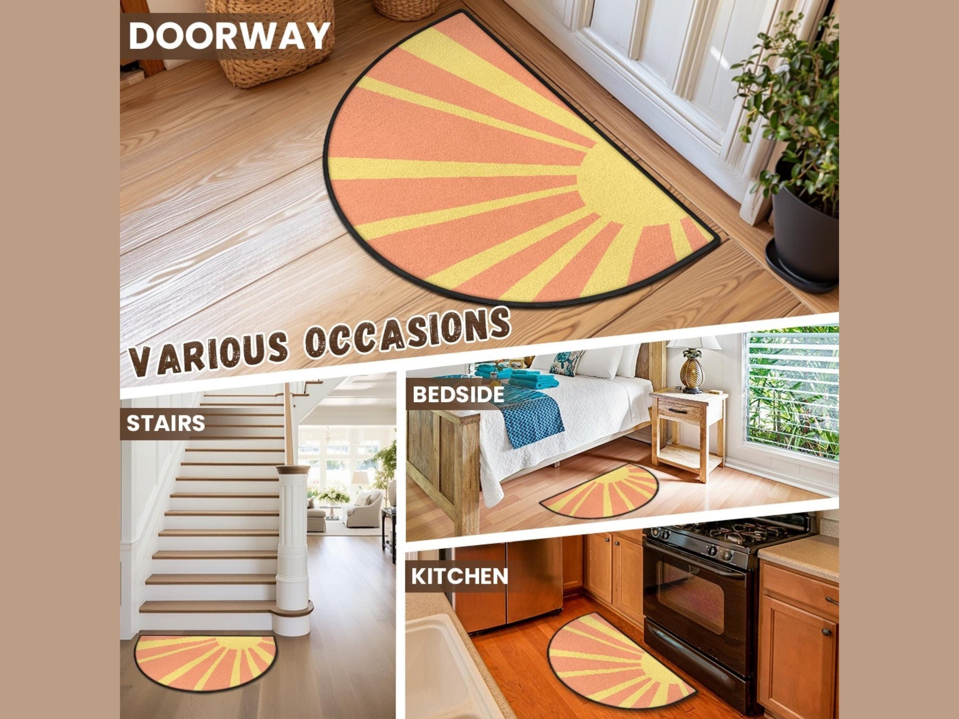 Midcentury Modern Entryway Rug Semi-Circle Retro Sunset Rug Indoor Design Carpet Accenty Welcome Mat Mid Mod Rug Soft Short Pile Midmod Rug