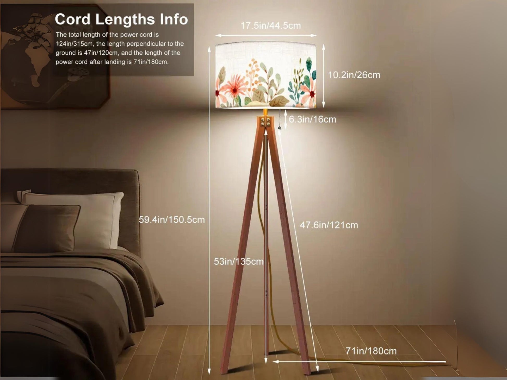 Floor Lamp Floral Tall Lamp Solid Wood Round Linen Shade Watercolor Floral Tall Lamp Housewarming Gift Living Room Lighting Decor Lamp