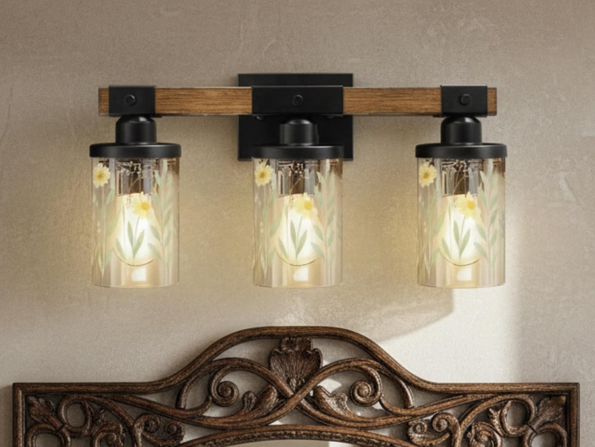 Luxury Bathroom Lighting Yellow Floral Vanity Light Fixture 3-Light Decorative Metal and Glass Restroom Light Garden Flower Over Sink Decor