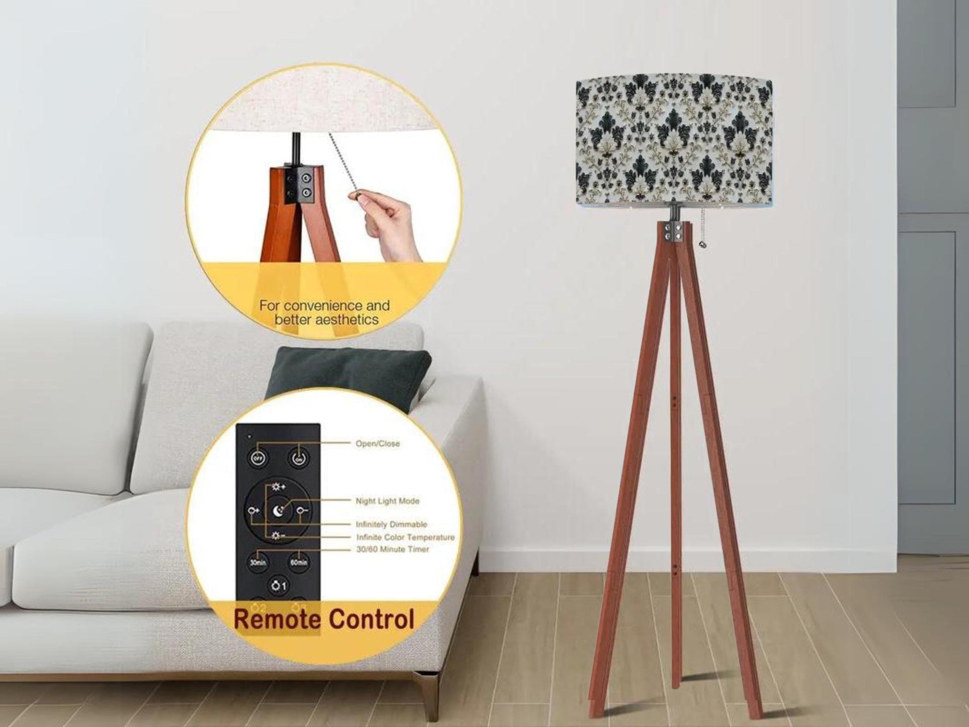 Floor Lamp Tripod Solid Wood Tall Lamp Gold and Green Ornate Floral Mid Century Shade Living Room Lighting for Bedroom Home Decor Dining