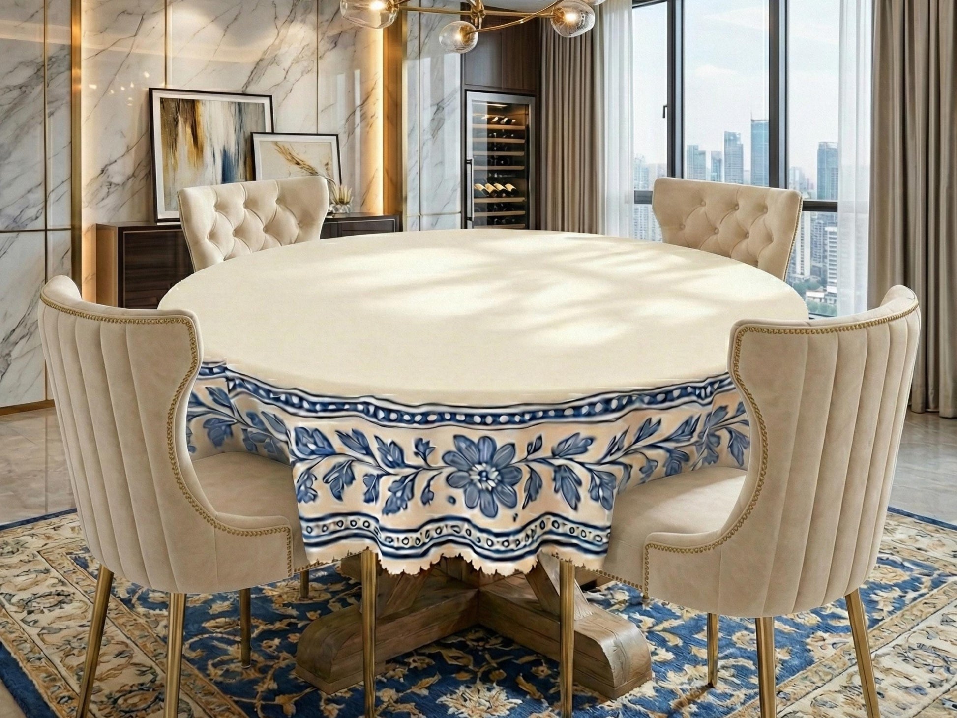 Tablecloth Flowers Border Scalloped Edge Lace Details For Dinner Events Spill-Proof Dining Table Cloth Washable Fabric Dining Tablecloth