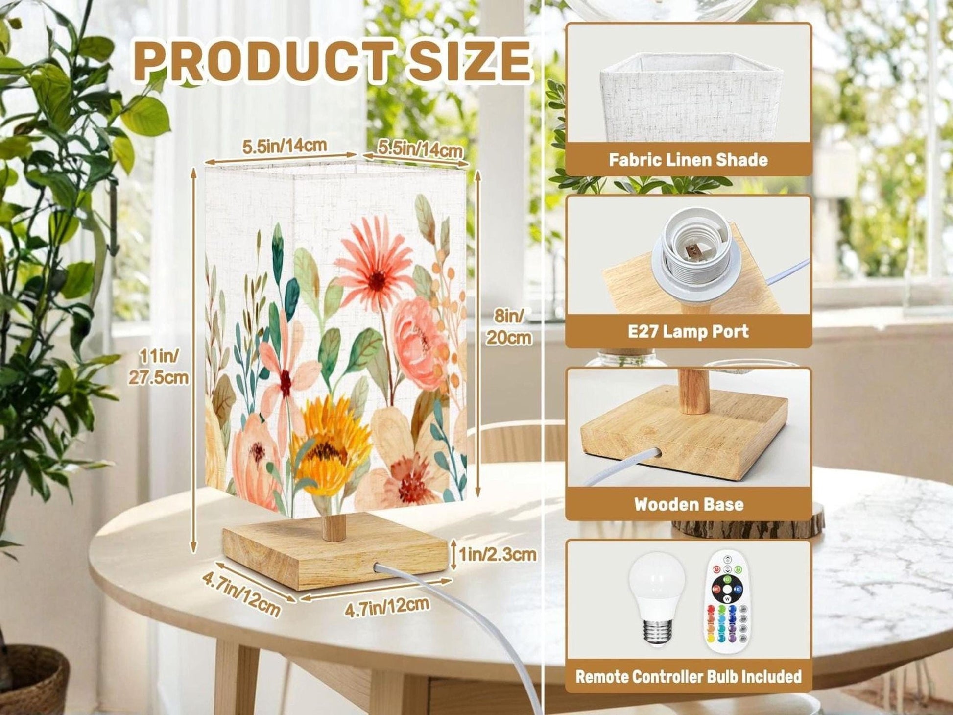 Bedside Table Lamp Remote Control Floral Watercolor Flowers Lamp For Small Desk Lamp For Office Wood Desk Lamp Lighting for Living Room