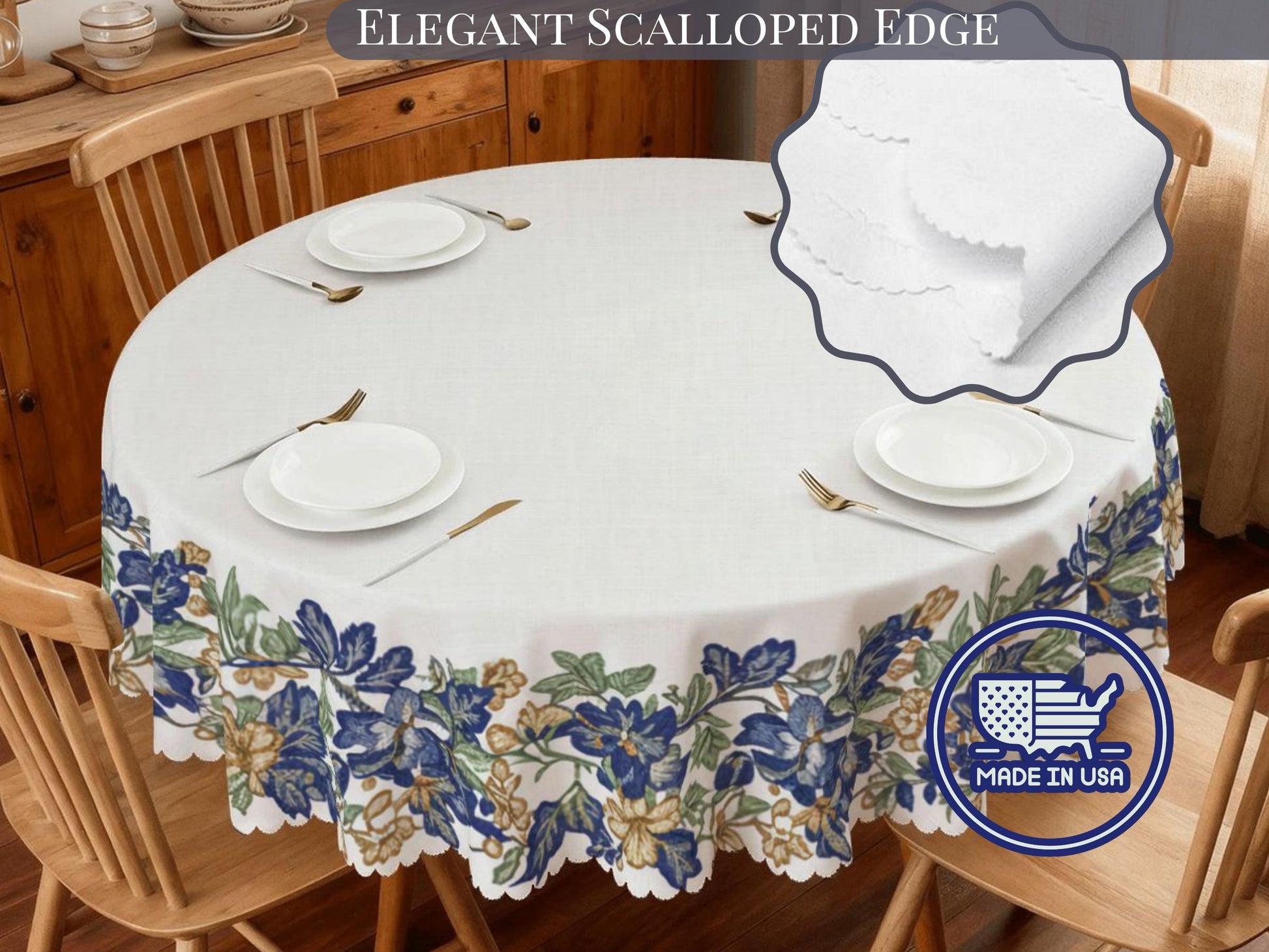 a round table with a white tablecloth featuring a blue and green floral pattern. The table is set with four white plates, forks, and knives, and there is a close-up of a white scalloped edge fabric on the table.