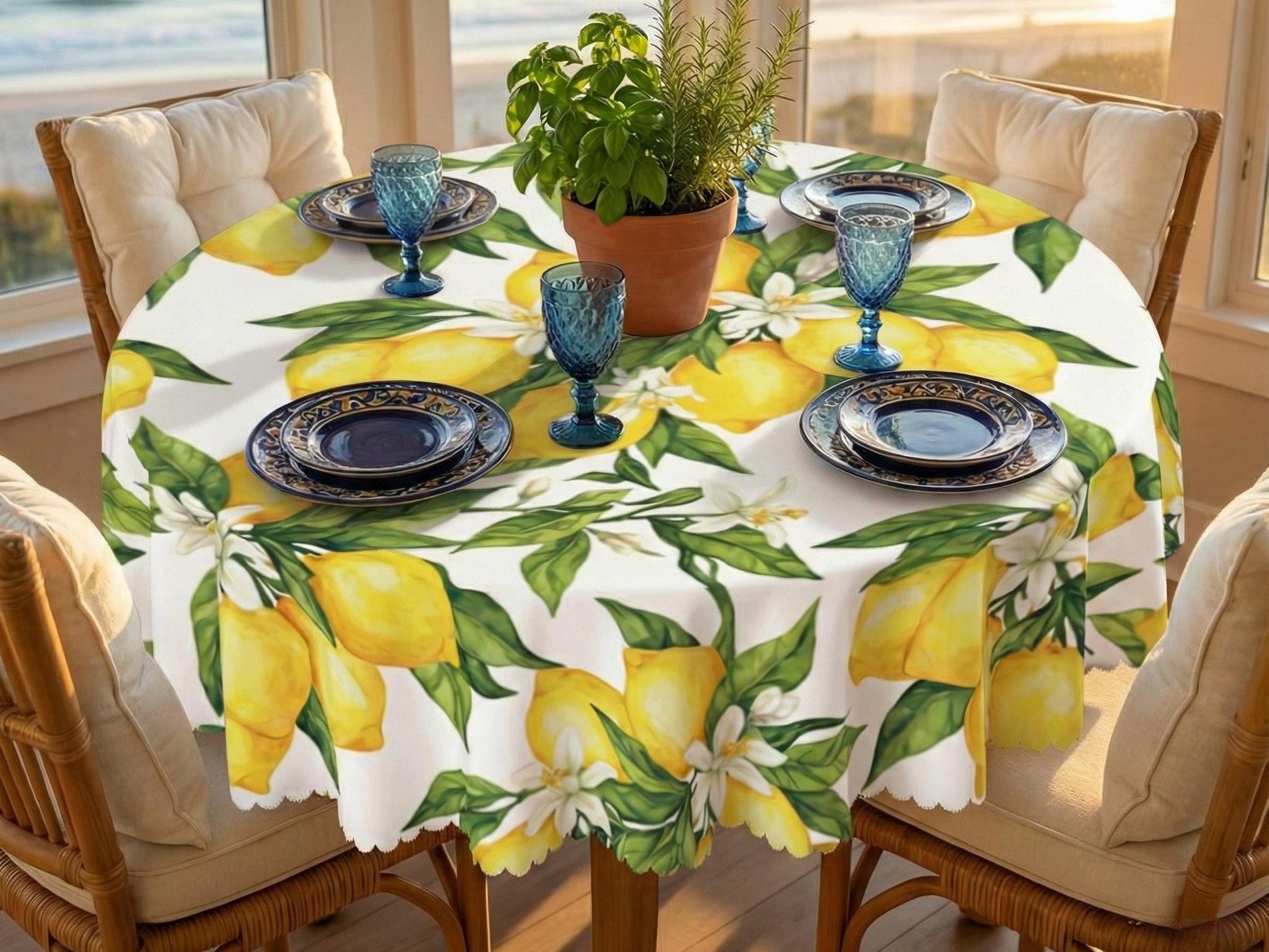 Tablecloth Lemon and Floral With Scalloped Edge Lace Detail Springtime Spill-Proof Lemons Washable Fabric Table Cloth For Family Dining
