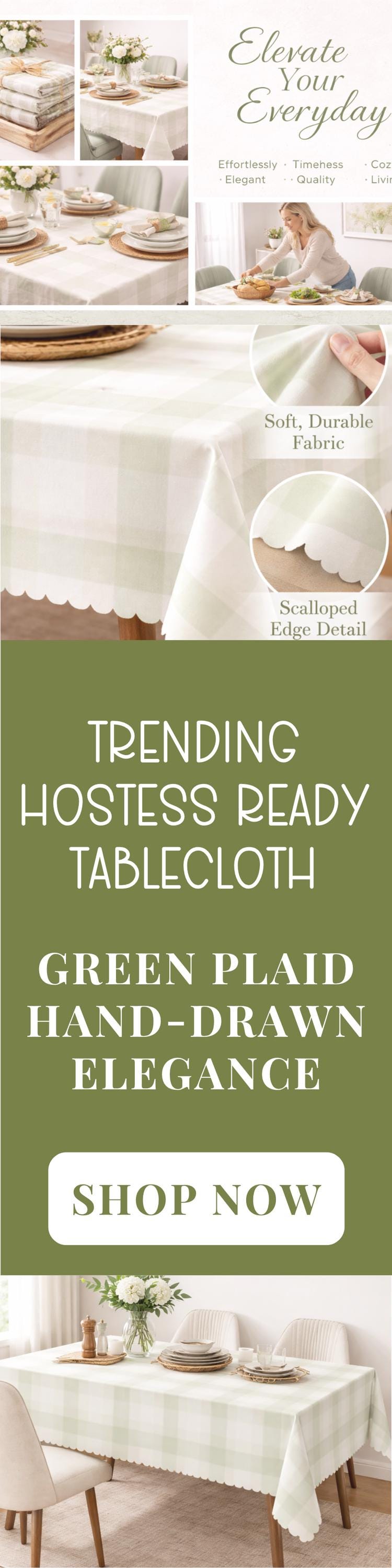 Scalloped Sage Gingham Tablecloth Hand Drawn Uneven Line Green Plaid Farmhouse Tablecloth Cottagecore Dining Table Cover Neutral Home Decor