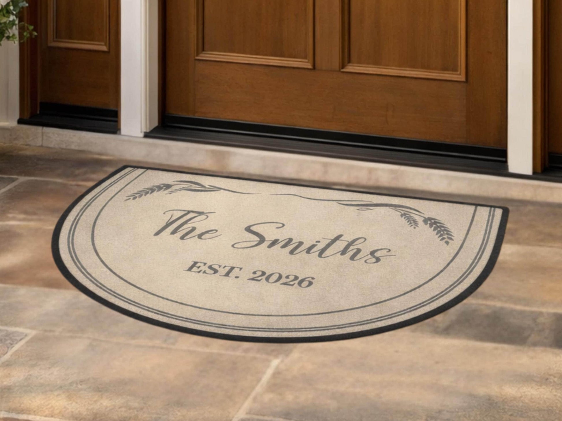 Custom Entryway Rug Welcome Mat Family Name Est Year Semi-Circle Minimalist Beige Carpet Accent Mat Rug Soft Short Pile Personalized Rug