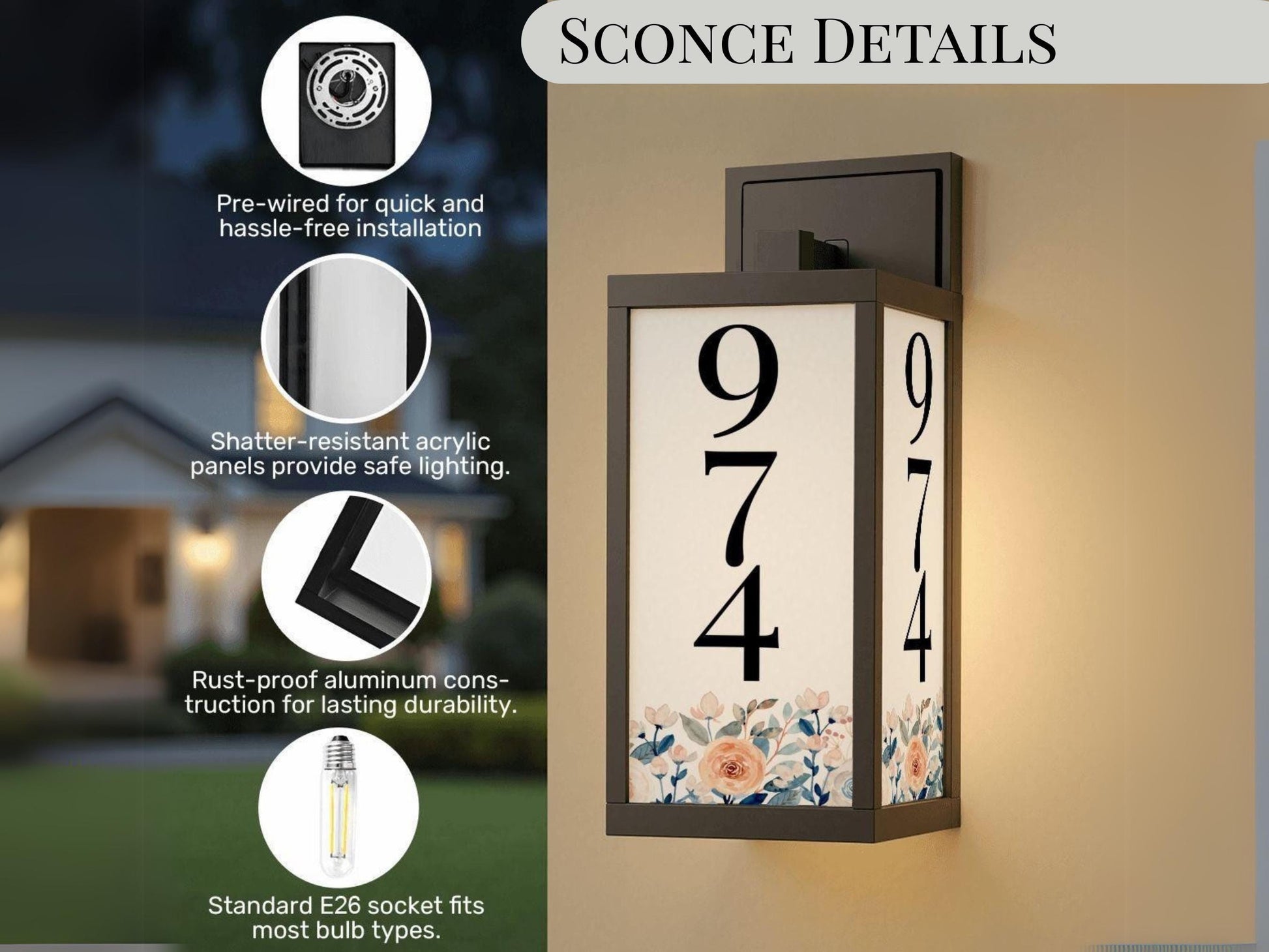 Porch Lighting Fixture Custom Address Number Outdoor Wall Light Personalized With House Number Floral Wall Sconce Lamp for Garage Sconce