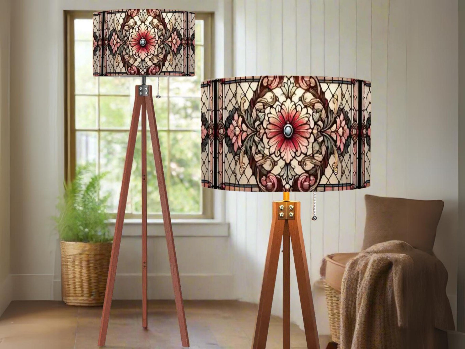 Floor Lamp Mid Century Wood Tripod Tall Lamp Solid Wood Linen Shade Stained Glass Effect Tall Lamp Housewarming Gift Living Room Decor Lamp