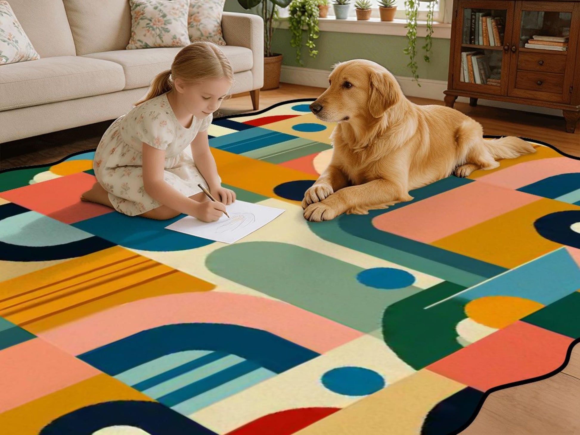 Mid Century Modern Scalloped Edge Rug 8x10 9x12 Geometric Area Rug MCM Retro Colorful Living Room Rug Statement Floor Decor Mid Mod Rug