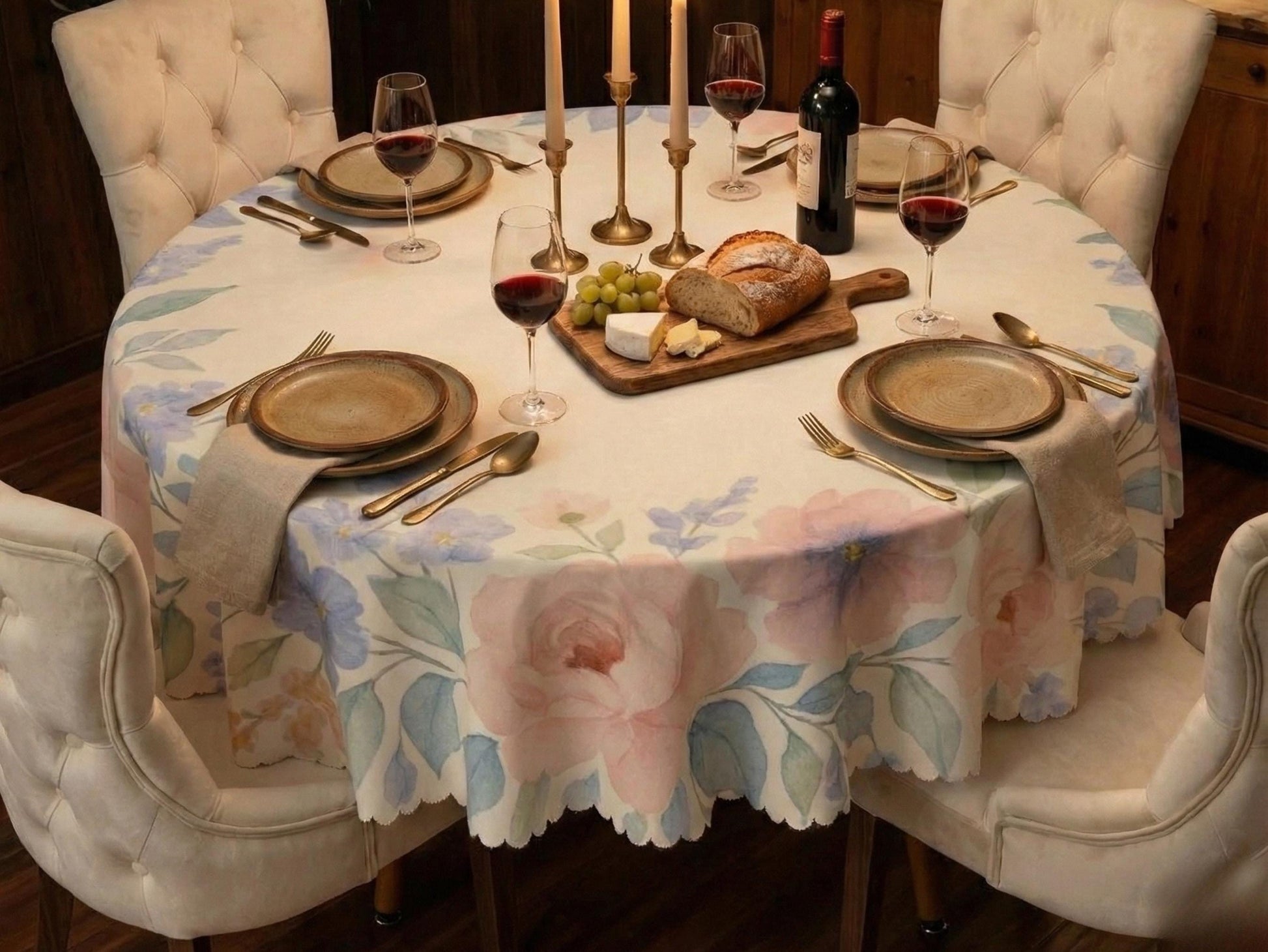 Tablecloth 60inch Spring Flowers Scalloped Edge Detail For Spring Spill-Proof Floral Washable Fabric Table Cloth For Family Dining Occasions