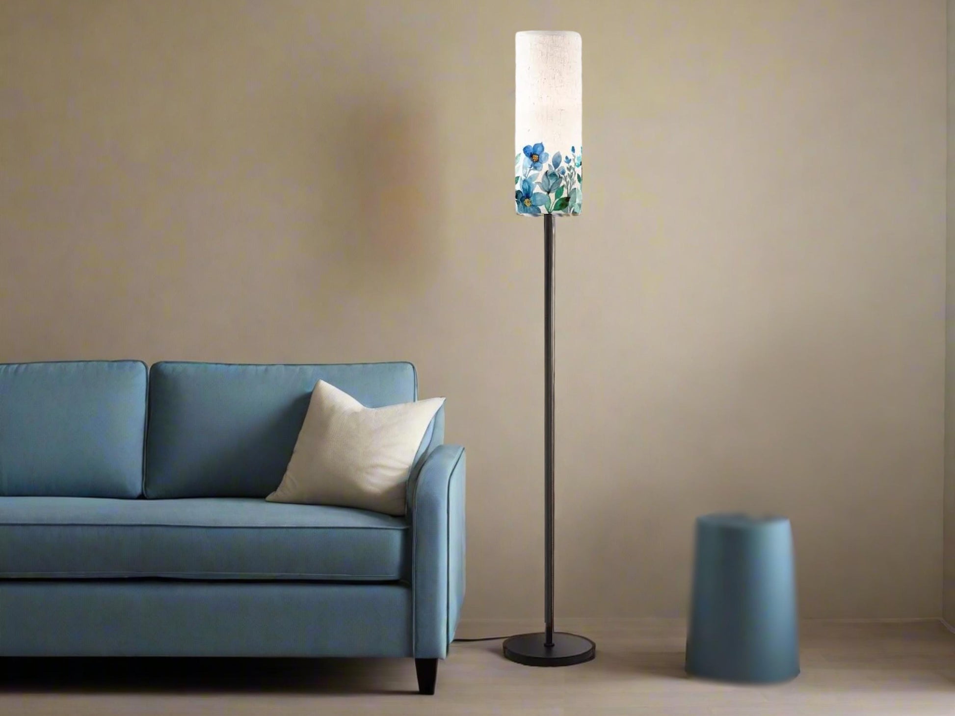Floor Lamp Mid Century Modern Beige Blue Floor Lamp Stripe MCM Floor Lighting Tall Lamp Subtle Floral Blue Accent Lighting Vintage Mod Decor