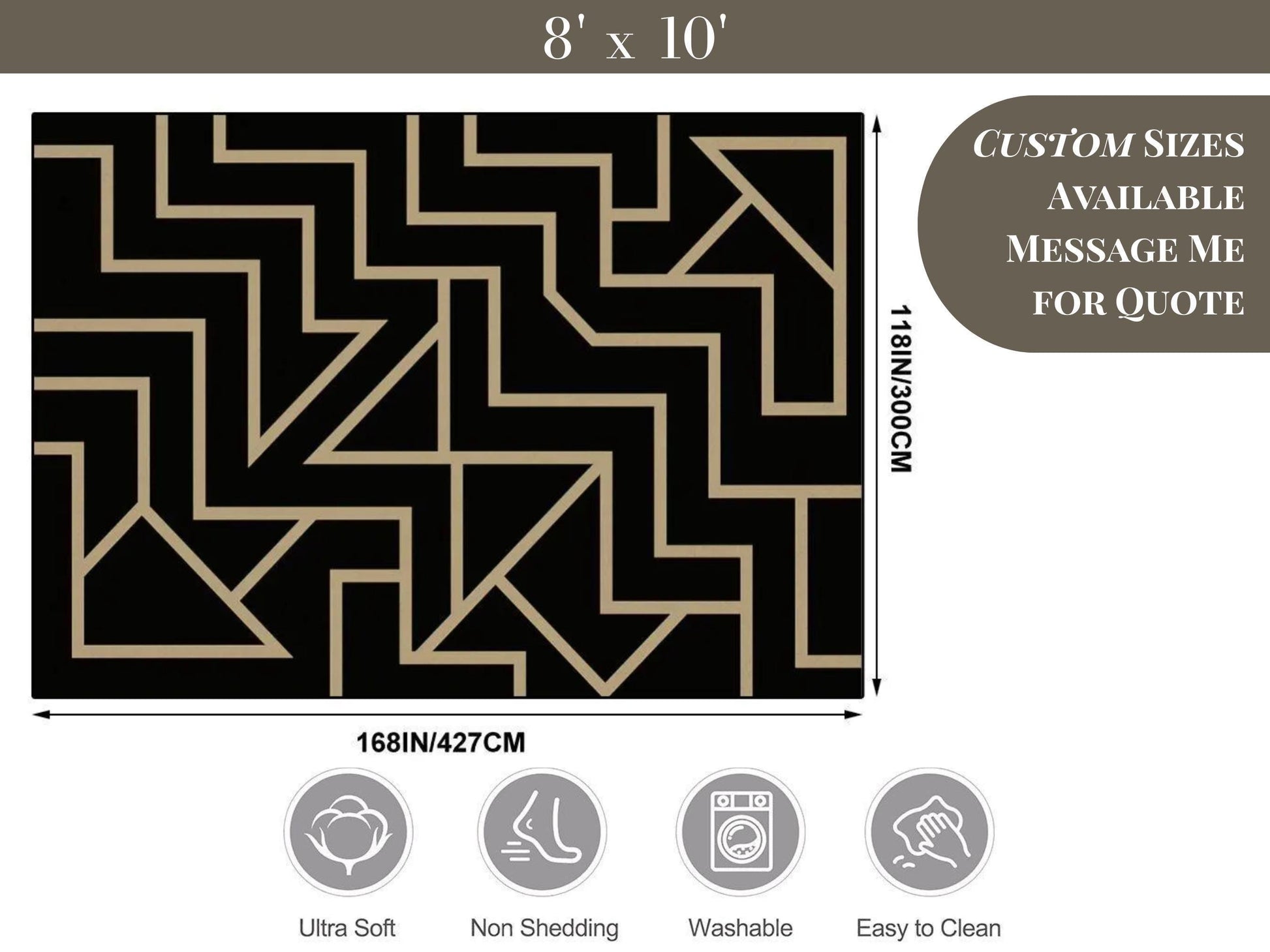 Custom Size Area Rug 8x10 Contemporary Modern Living Room Rug Indoor Mod Black Design Carpet 96in x 120in Family Room Rug Soft Short Pile