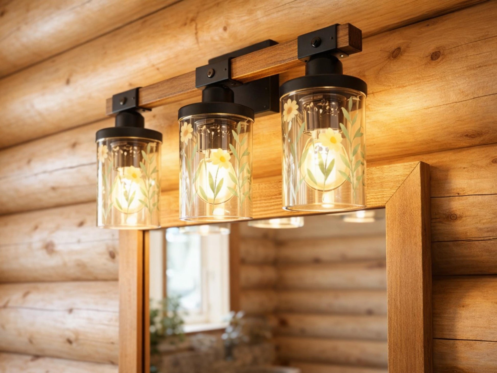 Luxury Bathroom Lighting Yellow Floral Vanity Light Fixture 3-Light Decorative Metal and Glass Restroom Light Garden Flower Over Sink Decor
