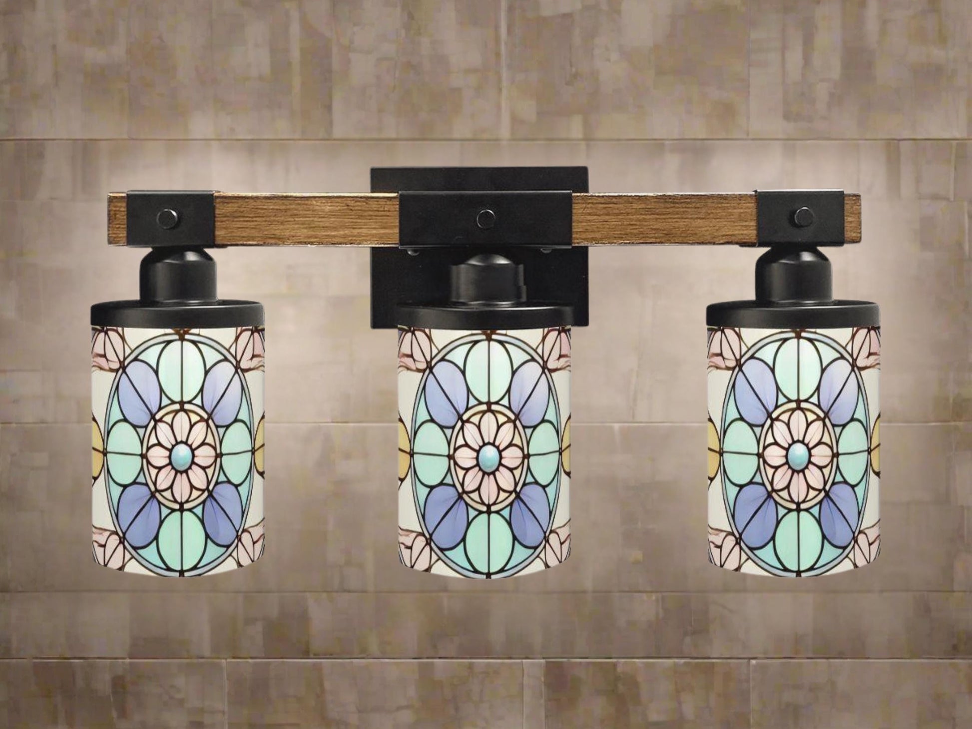 Stained Glass Affect Luxury Bathroom Lighting 3 Light Vanity Light Fixture Modern Pattern Metal and Glass Restroom Light Over Sink Decor