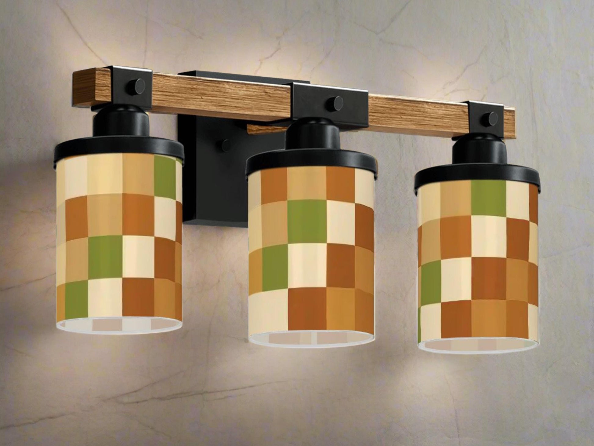 Luxury Bathroom Lighting MCM Vanity Light Fixture 3-Light Decorative Metal & Glass Restroom Light Midcentury Modern Checkers Over Sink Decor