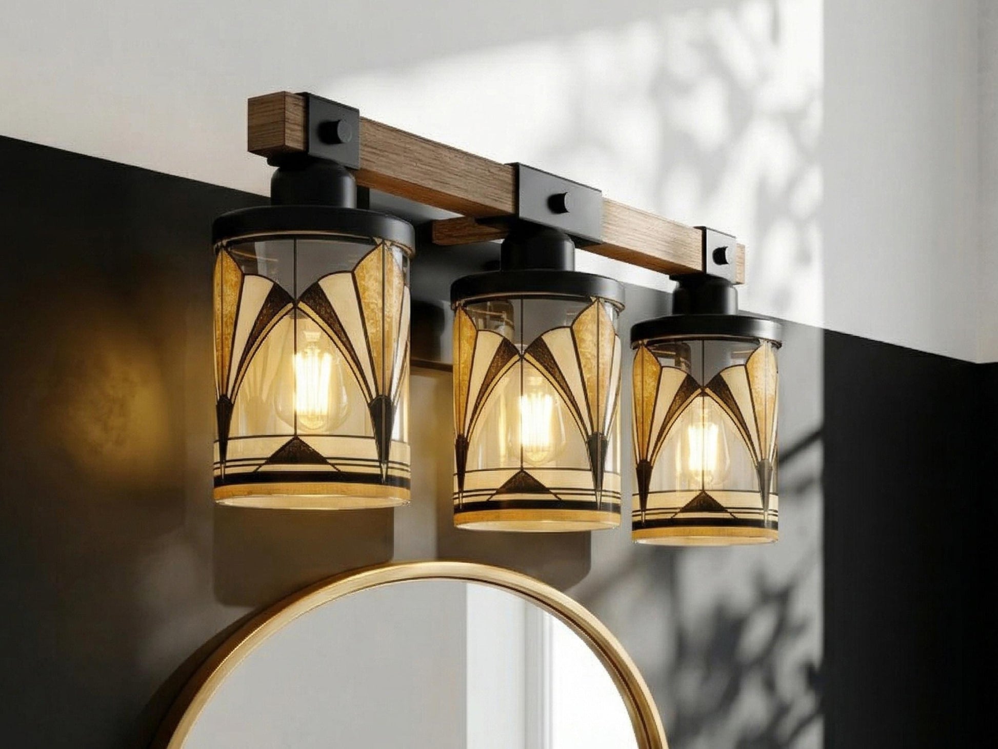Art Deco Vanity Light Fixture Metal Glass Bathroom Lighting Vintage Wall 3-Light Above Sink Black Vanity Light Luxe Decor 3 Light Bath Decor