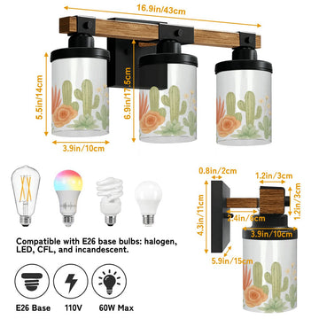 Desert Cactus and Rose Three-Light Vanity Fixture