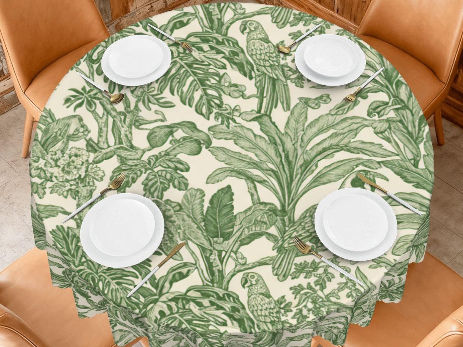 Toile Green Tropical Tablecloth With Scalloped Edge Lace Details For Dining Table Spill-Proof Spring Washable Table Cloth Elegant Setting