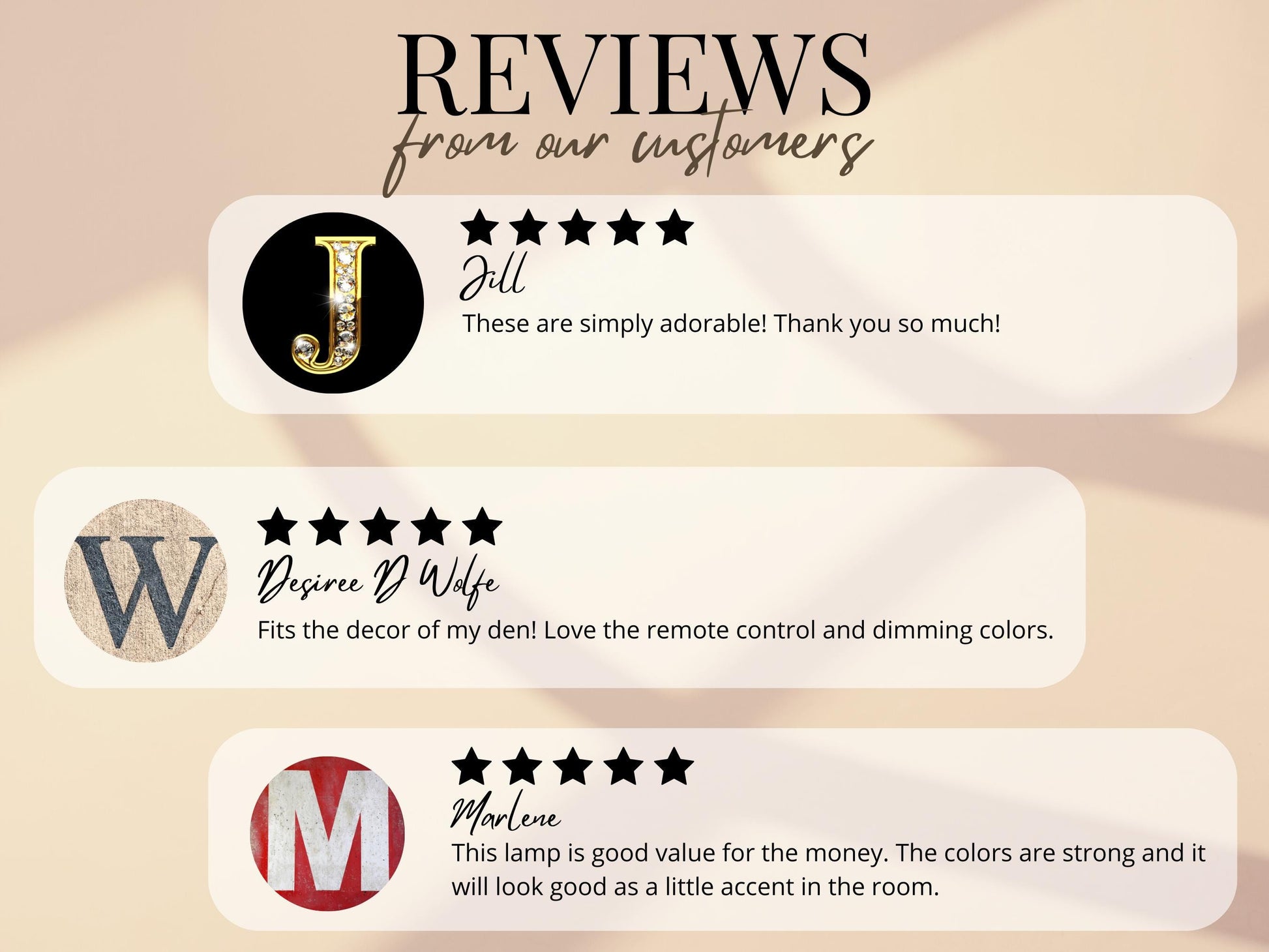 three reviews from customers, each with a different rating and description of the product or service. The reviews are from a customer named Jill, who rates the product as simply adorable and thanks the seller for the excellent quality. The reviews also describe the product as a lamp that fits the decor of the den, and mentions that Marlene finds it good value for the money, with strong and attractive colors.