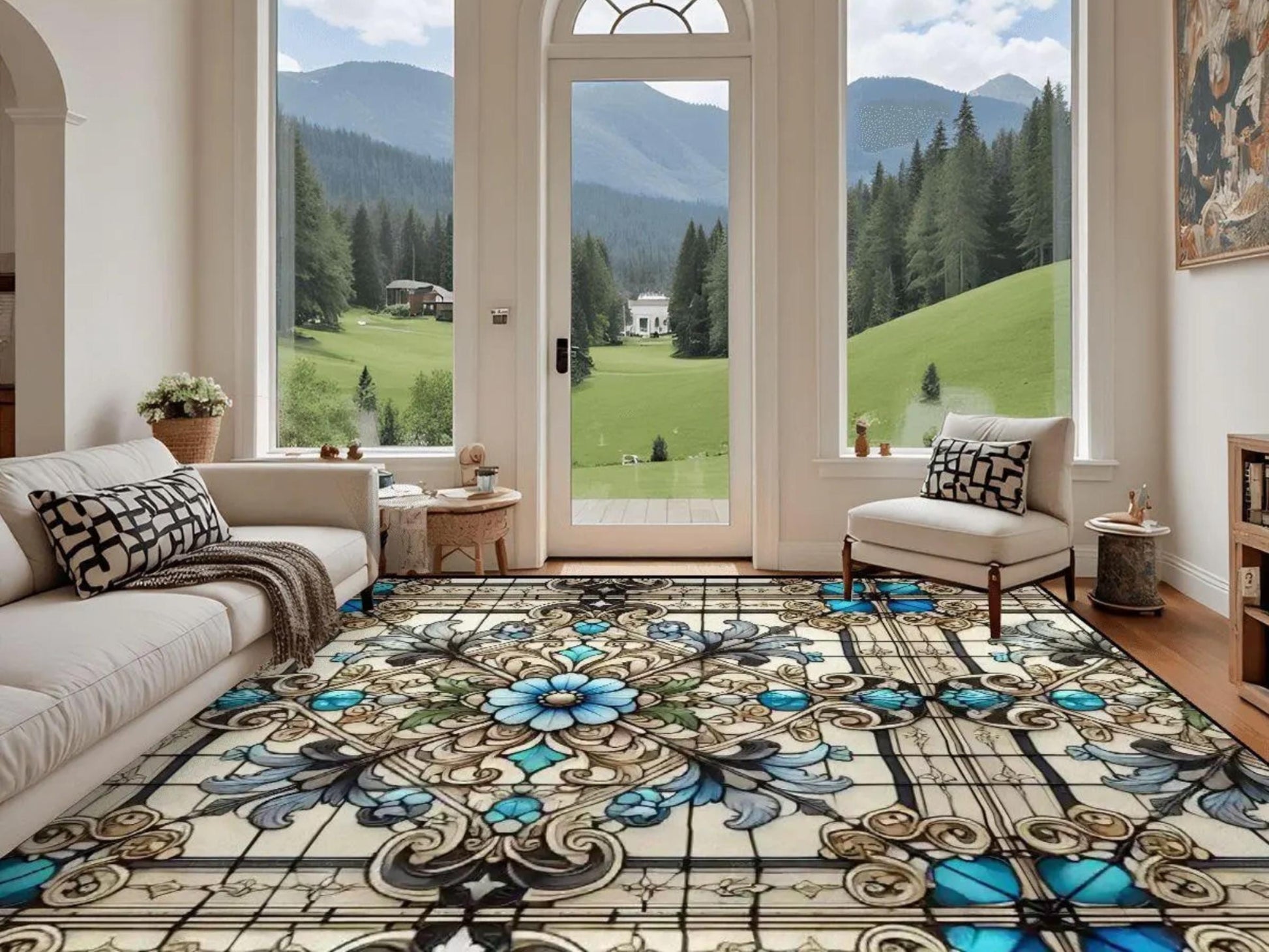 Custom Size Large Area Rug 8x10 Art Nouveau Living Room Rug Indoor Stained Glass Design Carpet 96in x 120in Family Room Rug Soft Short Pile