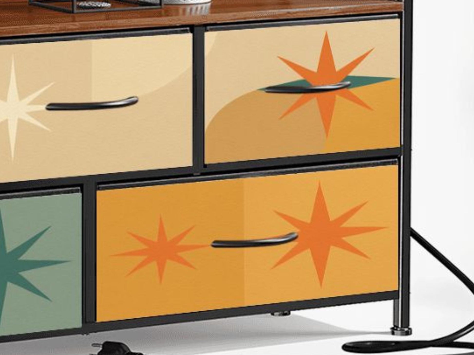 TV Stand With Drawers MCM Franciscan Starburst Decorative Fabric Drawers Bedroom Chest of Drawers Midcentury Modern Plug and Charging Port