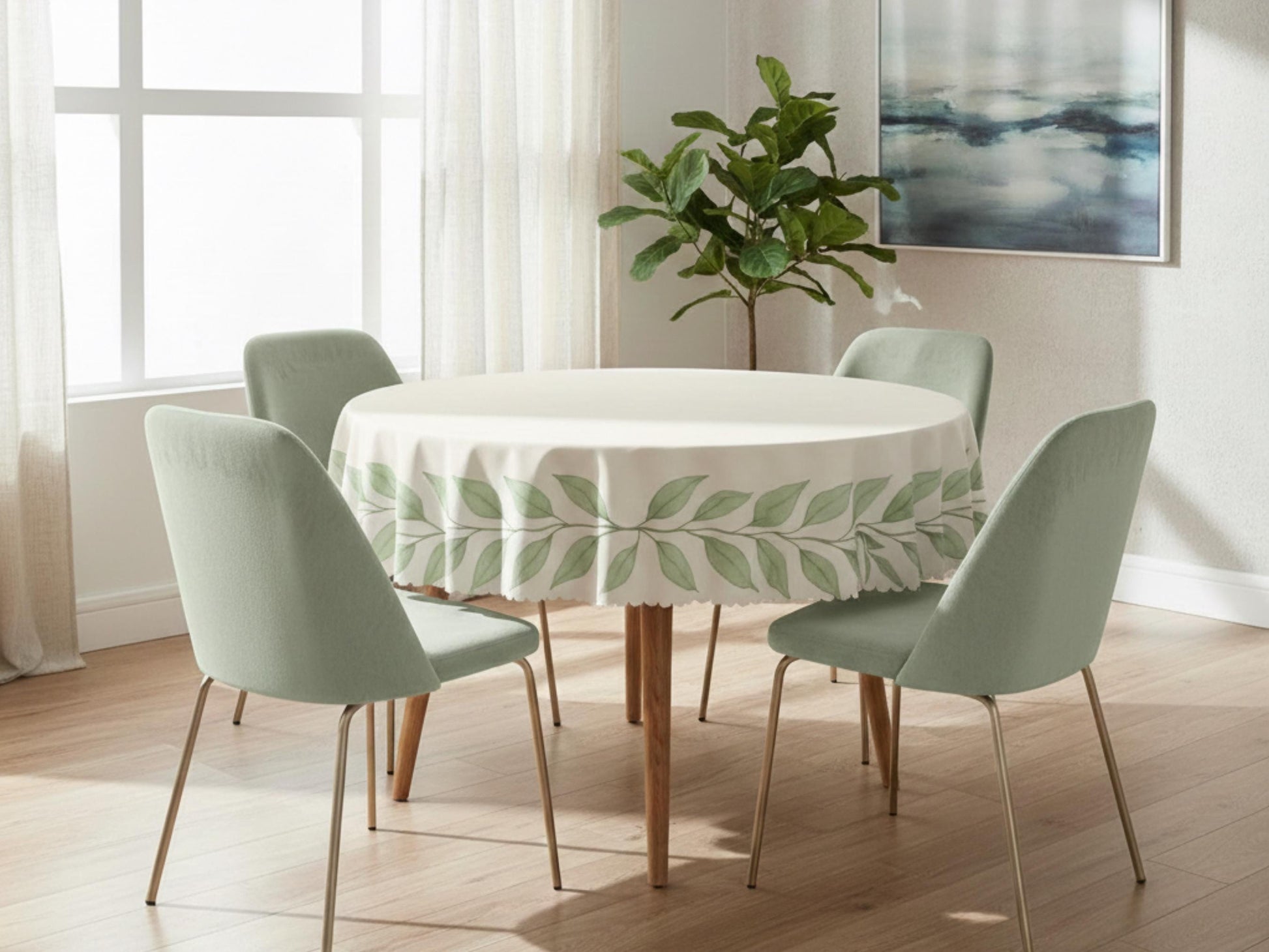 Tablecloth With Green Leaf Border and Scalloped Edge Lace Details Design Spill-Proof Dining Washable Fabric Table Cloth For Kitchen Table