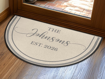 Welcome Mat Custom Entryway Rug Family Name Est Year Semi-Circle Minimalist Beige Carpet Accent Mat Rug Soft Short Pile Personalized Rug