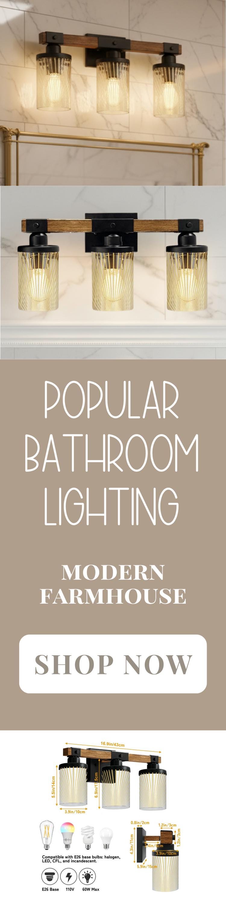 Luxury Bathroom Lighting Modern Farmhouse Vanity Light Fixture 3-Light Decorative Metal & Glass Bath Light Lined Beige Light Over Sink Decor