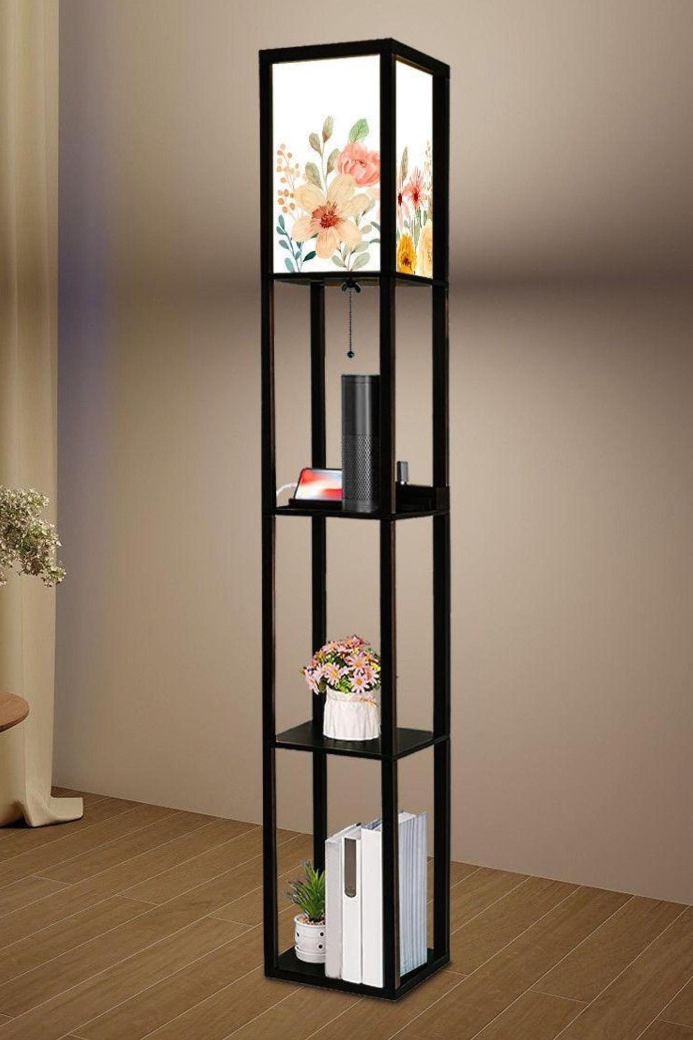 Floor Lamp Wooden Shelves Floral USB Floor Lamp Living Room Lighting Made in USA Floor Lamp With 3 Shelves Bedroom Lighting for Living Room