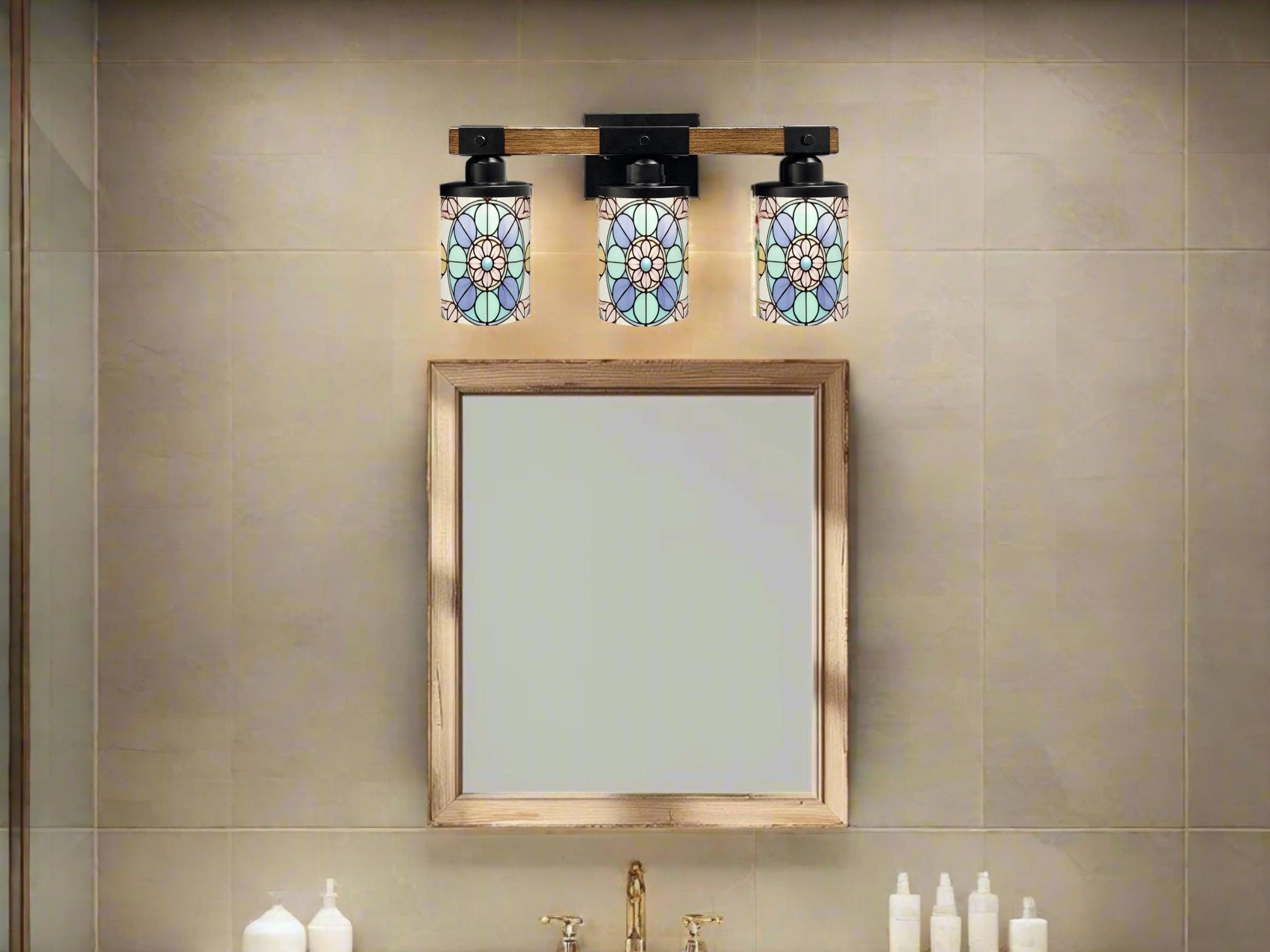 Stained Glass Affect Luxury Bathroom Lighting 3 Light Vanity Light Fixture Modern Pattern Metal and Glass Restroom Light Over Sink Decor