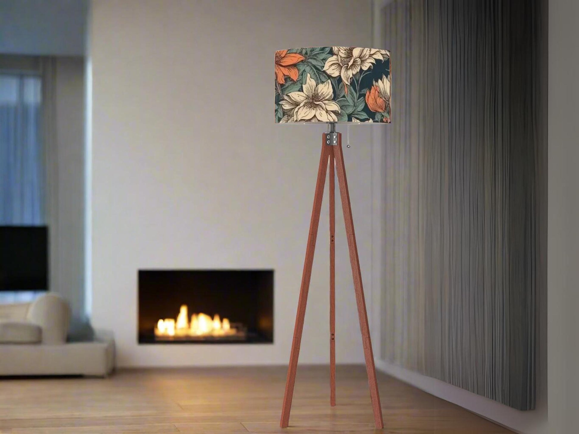 Floor Lamp Wood Tripod Tall Lamp Solid Wood Round Linen Shade Mid Century Floral Tall Lamp Housewarming Gift Living Room Lighting Decor Lamp