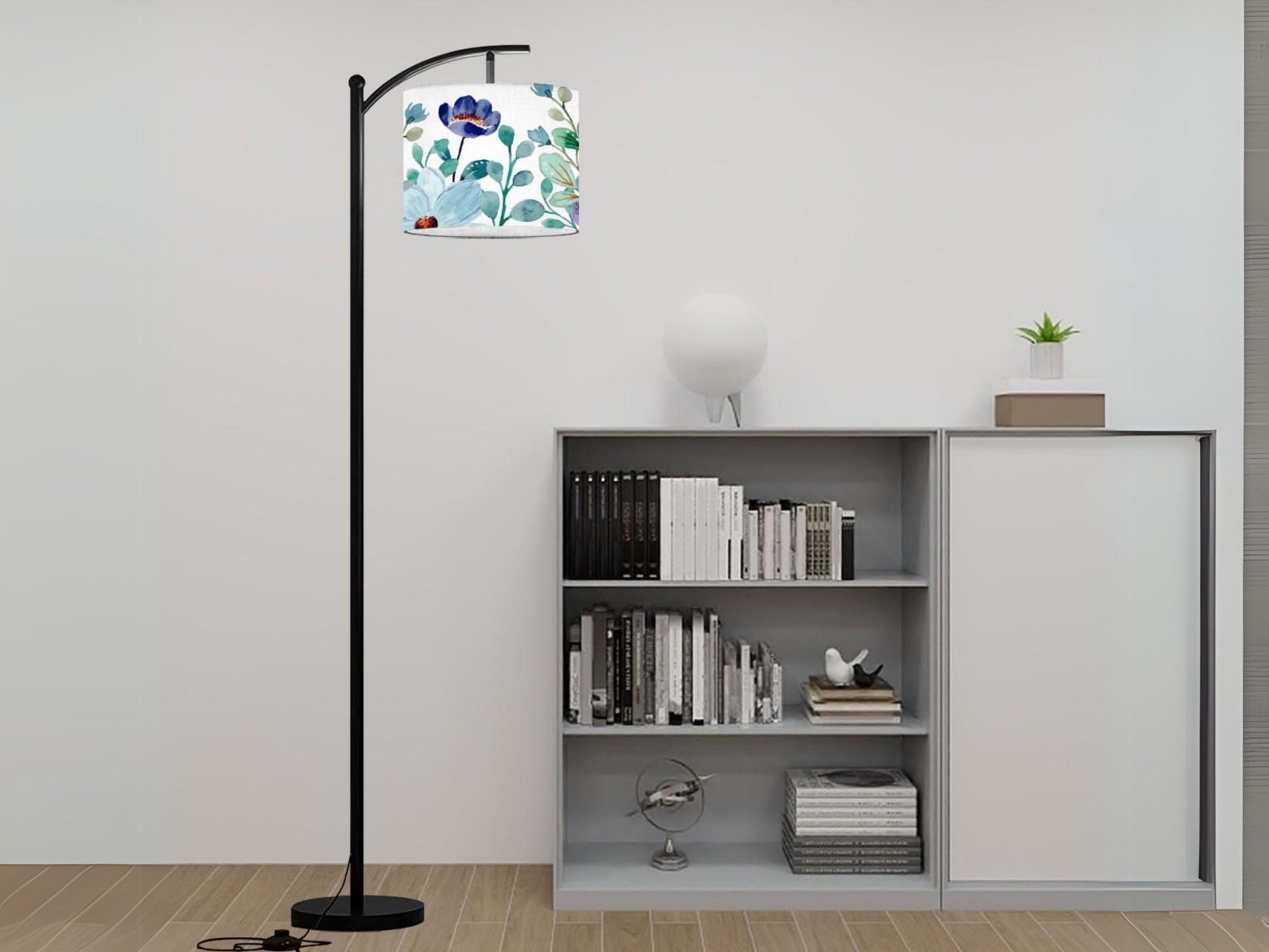 Arc Floor Lamp Modern Watercolor Blue Floral Living Room Lamp Gift Housewarming Gift Wildflower Design Bedroom Lighting Floor Lamp Gift Idea