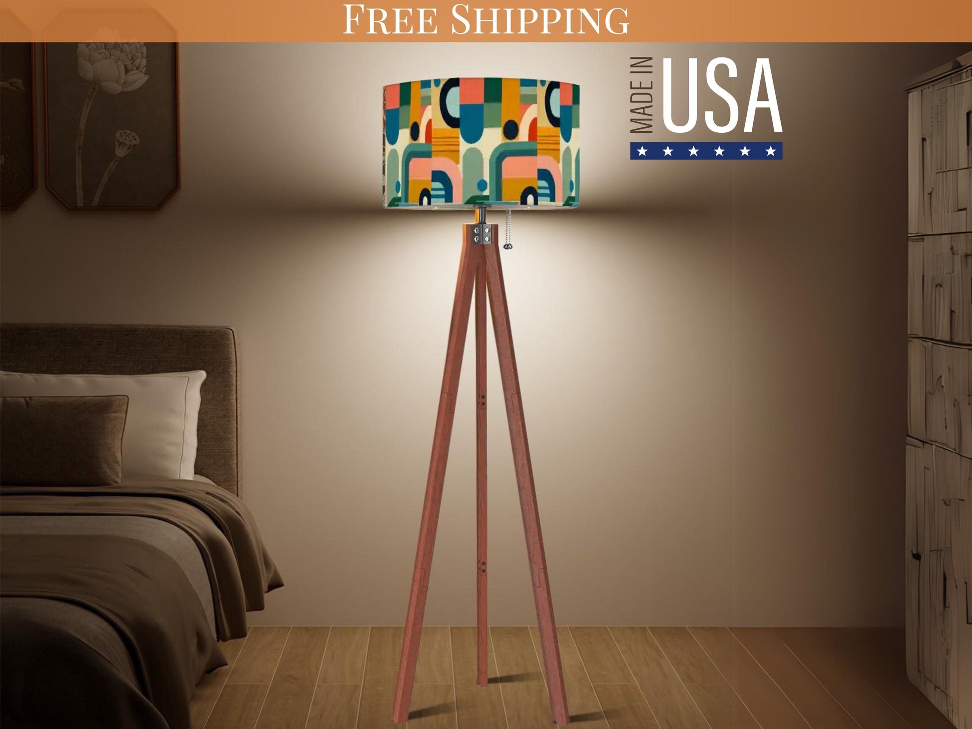 Mid Century Modern Tripod Floor Lamp Wood Base Housewarming Gift Living Room Lighting Decor Abstract Shape Orange Floor Lamp Gifting Idea