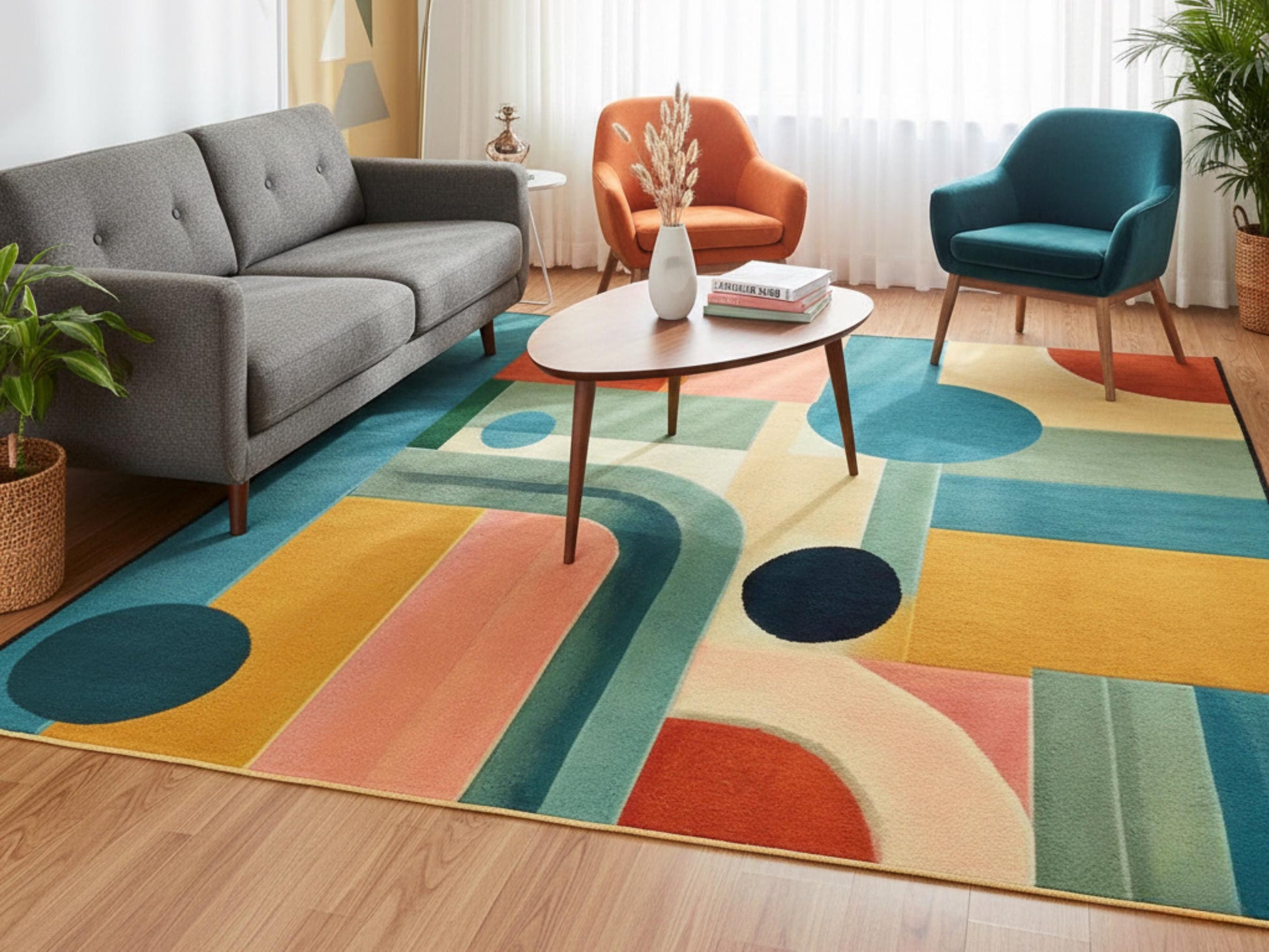 Large Area Rug Custom Size Midcentury Modern Living Room Rug Indoor MCM Design Carpet 96in x 120in Family Room Mid Mod Rug Soft Short Pile