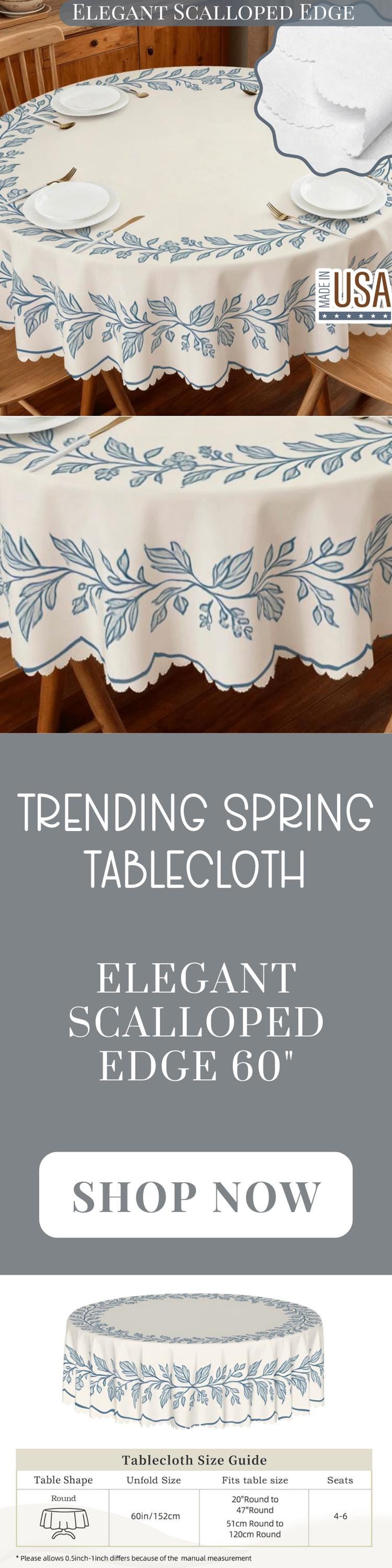Floral Tablecloth Blue Beige Round 60in Scalloped Edge Lace Details For Dining Table Spill-Proof Beige Washable Fabric Table Cloth Dining