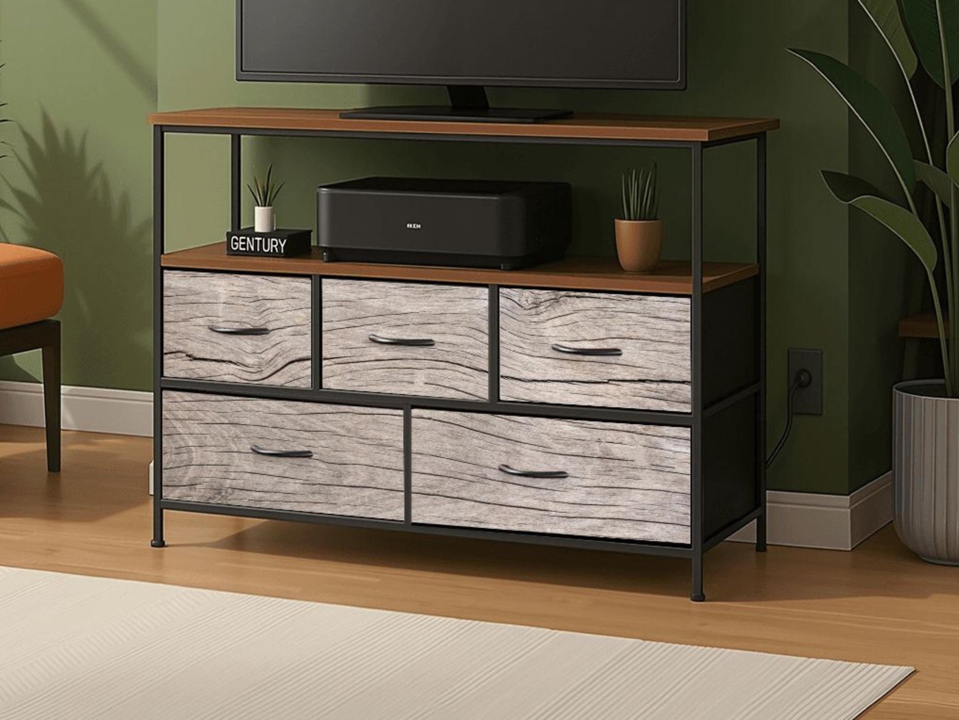 TV Stand With Drawers Driftwood Coastal Effect Decorative Fabric Drawers Bedroom Chest of Drawers Beach Theme Modern Plug & Charging Station