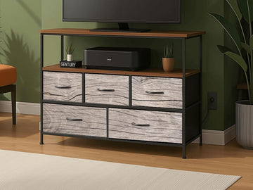 TV Stand With Drawers Driftwood Coastal Effect Decorative Fabric Drawers Bedroom Chest of Drawers Beach Theme Modern Plug & Charging Station