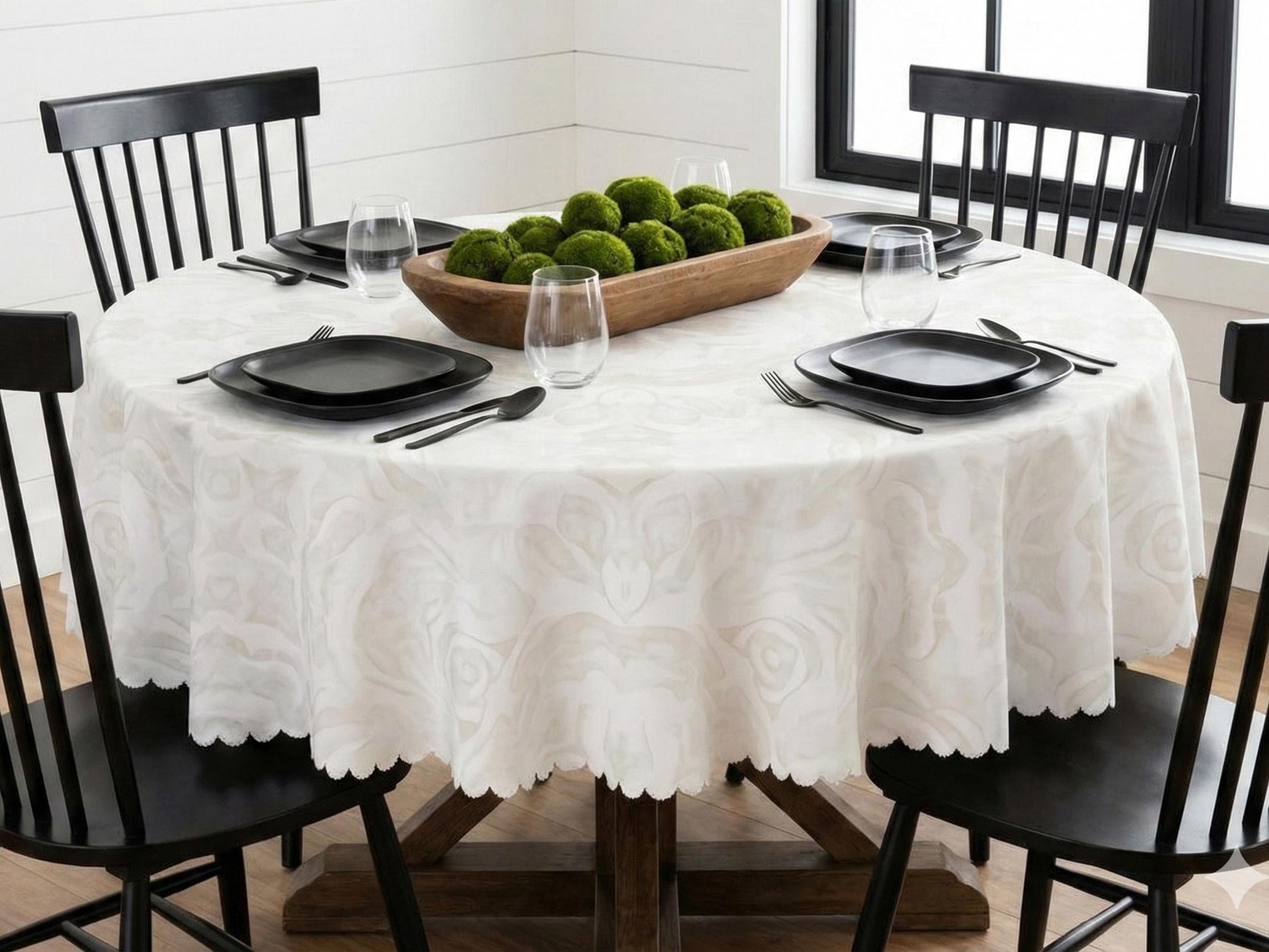 Tablecloth Round 60in Ivory With Scalloped Edge Lace Affect Details For Dining Room Spill-Proof Spring Washable Fabric Table Cloth Dinner