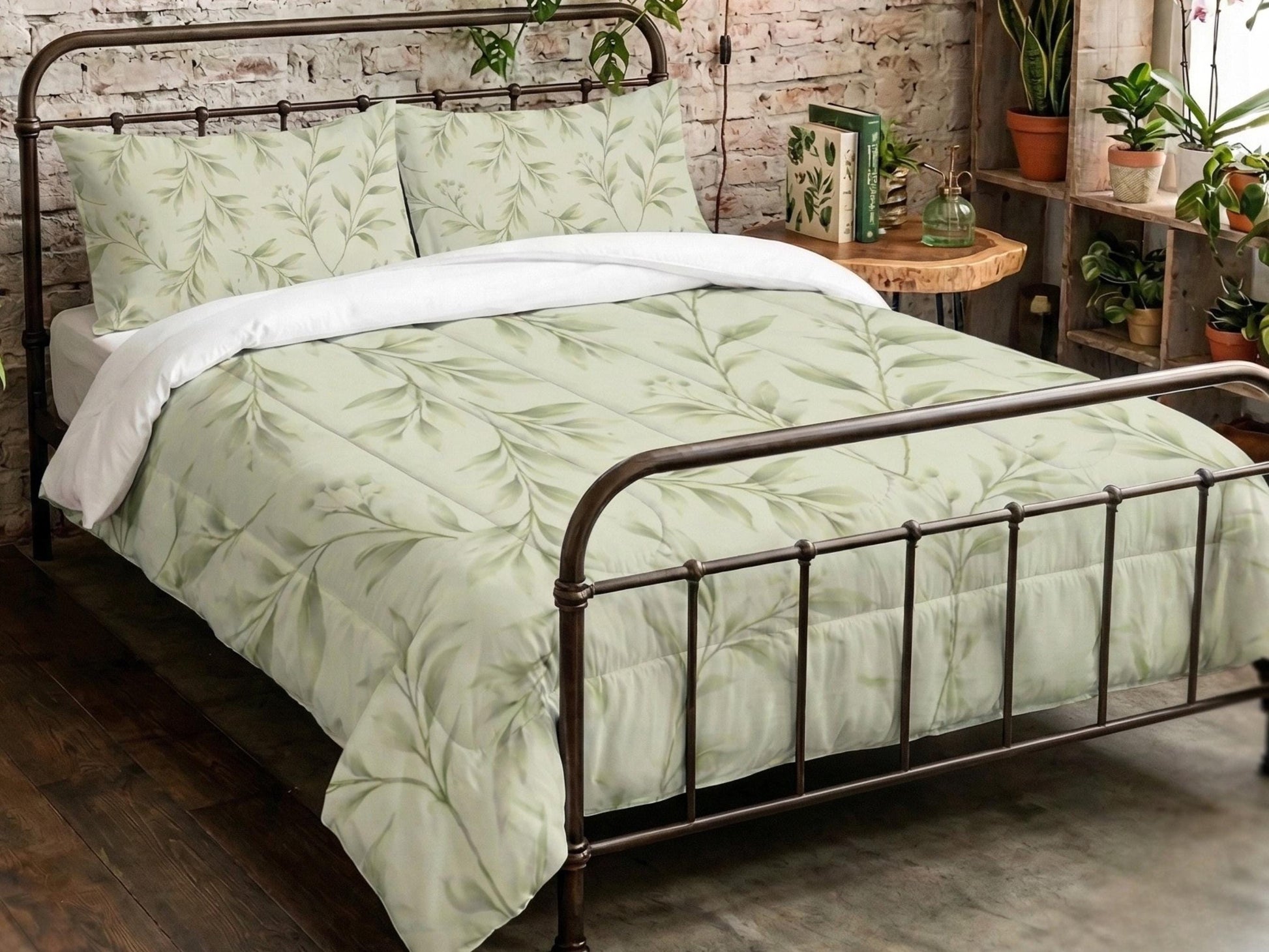 Comforter Set Botanical Sage Green Floral Pistachio Bedding Modern Organic Bed Set with Pillowcase Minimal Neutral Bedroom Decor Soft Green