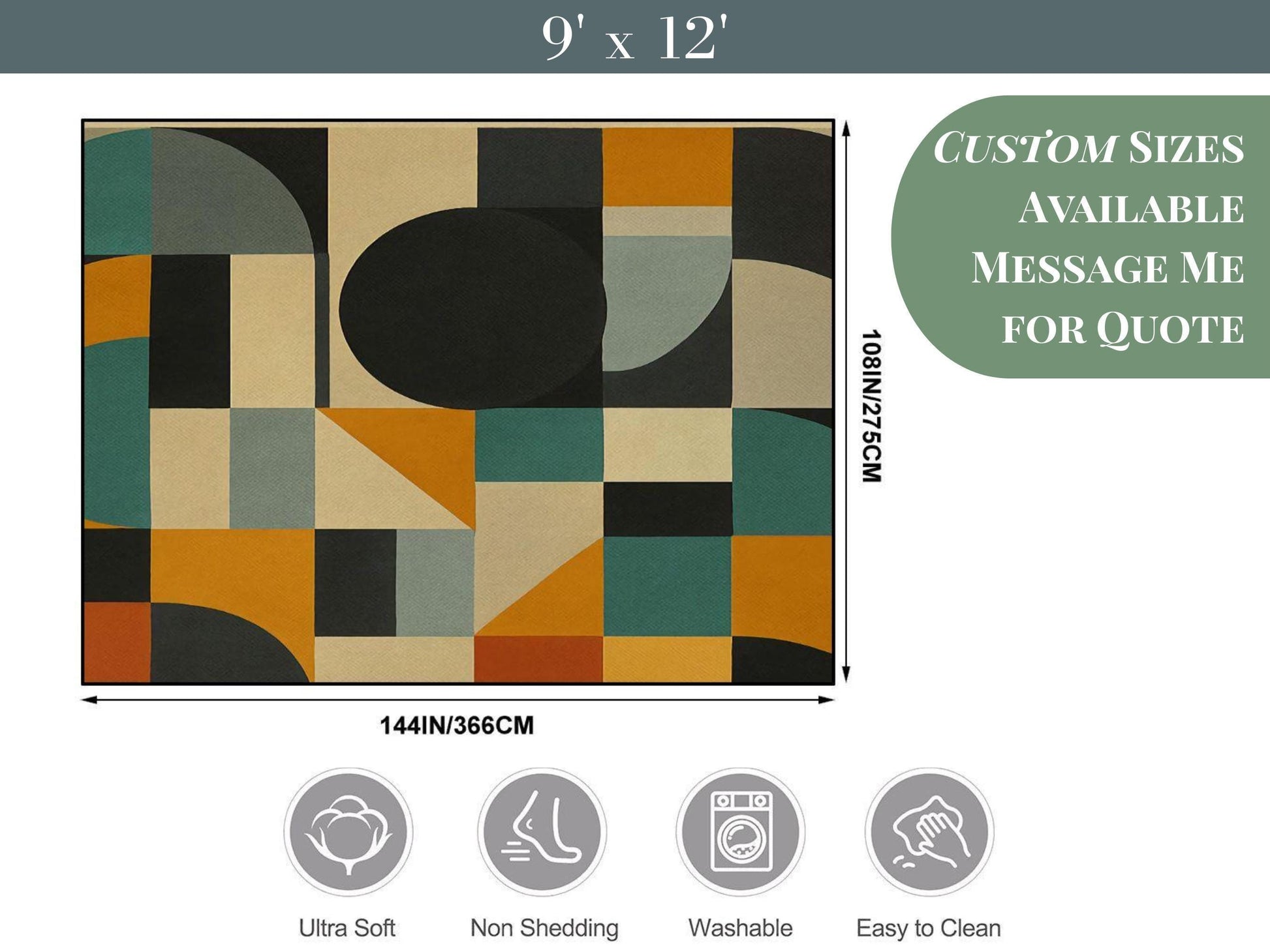 9ft x 12ft Large Area Rug Midcentury Modern Large Living Room Rug Indoor Outdoor Design Carpet 108in x 144in Family Room Rug Soft Short Pile