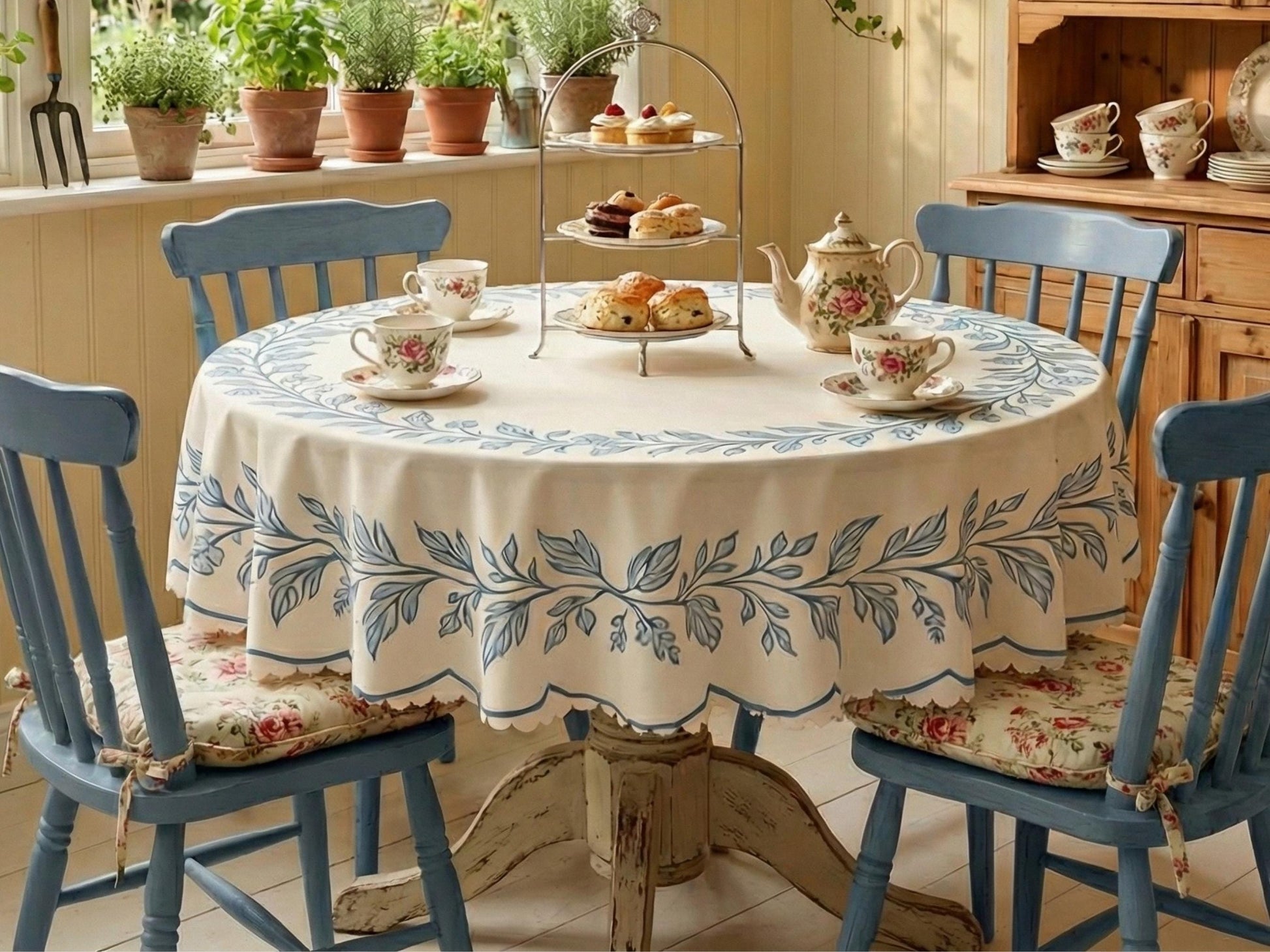 Floral Tablecloth Blue Beige Round 60in Scalloped Edge Lace Details For Dining Table Spill-Proof Beige Washable Fabric Table Cloth Dining