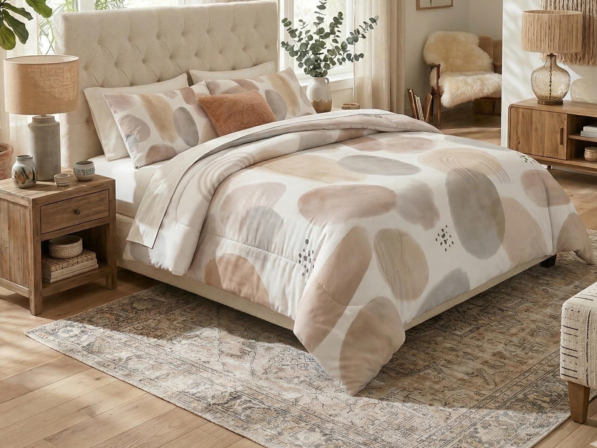 Comforter Set Neutral Organic Abstract Modern Minimal Bedding Cream Taupe Boho Bed Set Scandi Bedroom Decor King Queen Full Twin Pillowcase