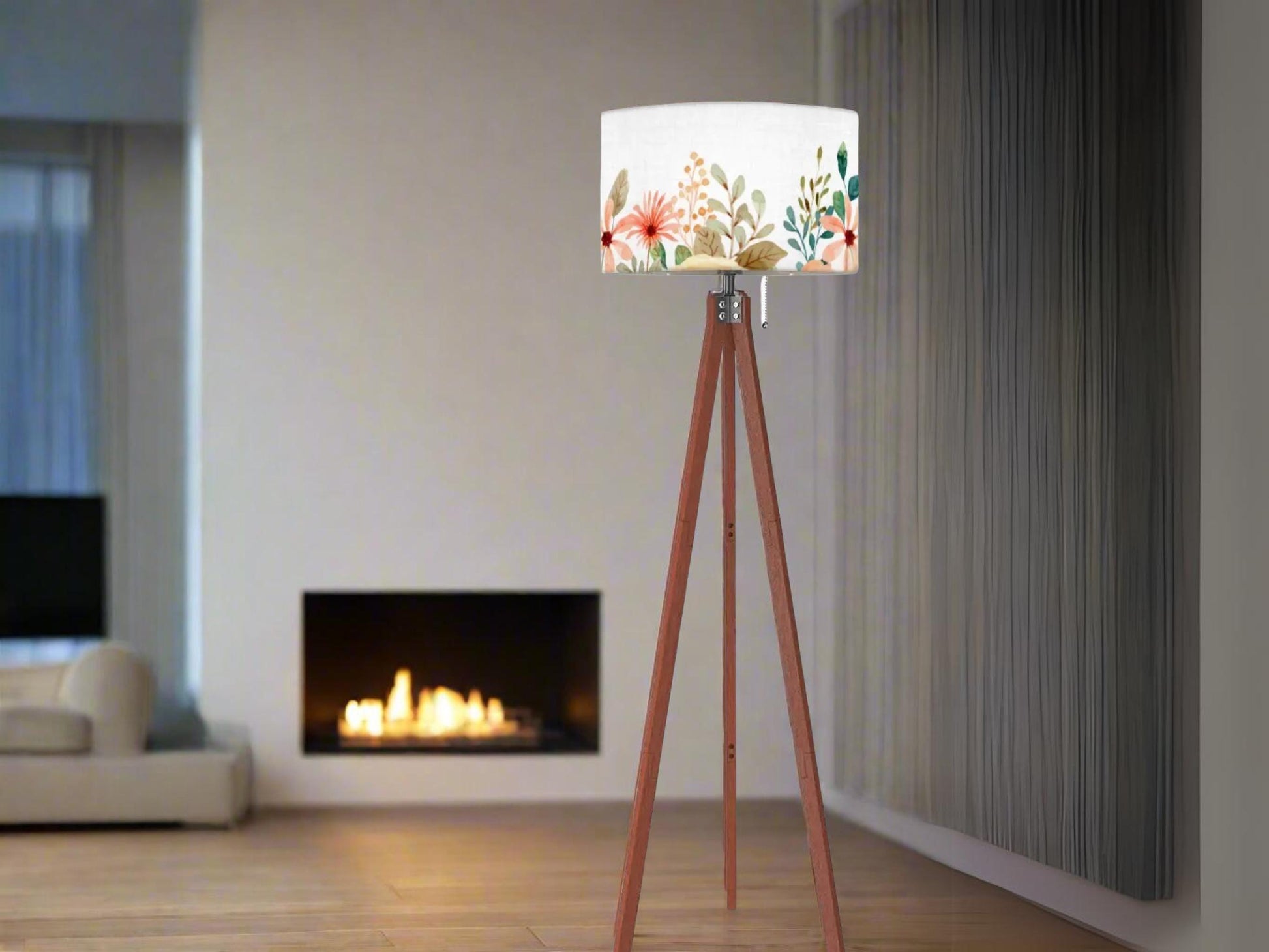 Floor Lamp Floral Tall Lamp Solid Wood Round Linen Shade Watercolor Floral Tall Lamp Housewarming Gift Living Room Lighting Decor Lamp