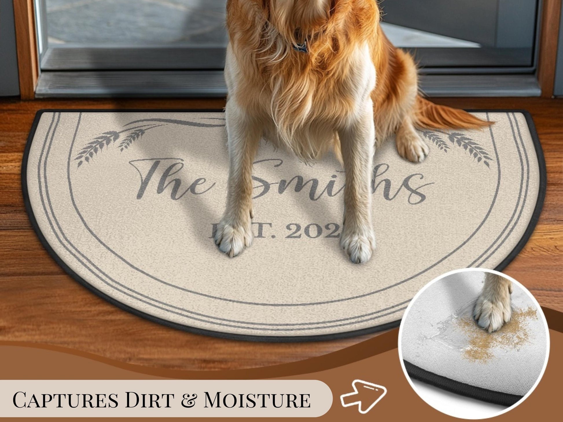 Custom Entryway Rug Welcome Mat Family Name Est Year Semi-Circle Minimalist Beige Carpet Accent Mat Rug Soft Short Pile Personalized Rug